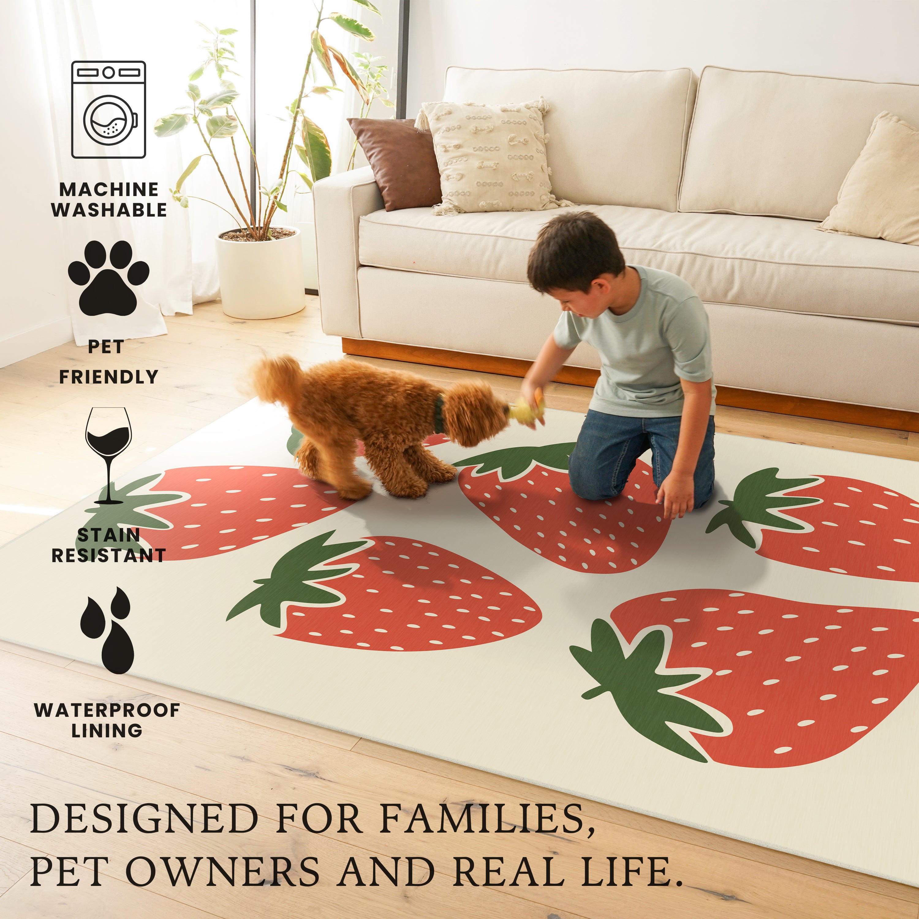 Strawberry Patch Red Green Beige Machine Washable Rug