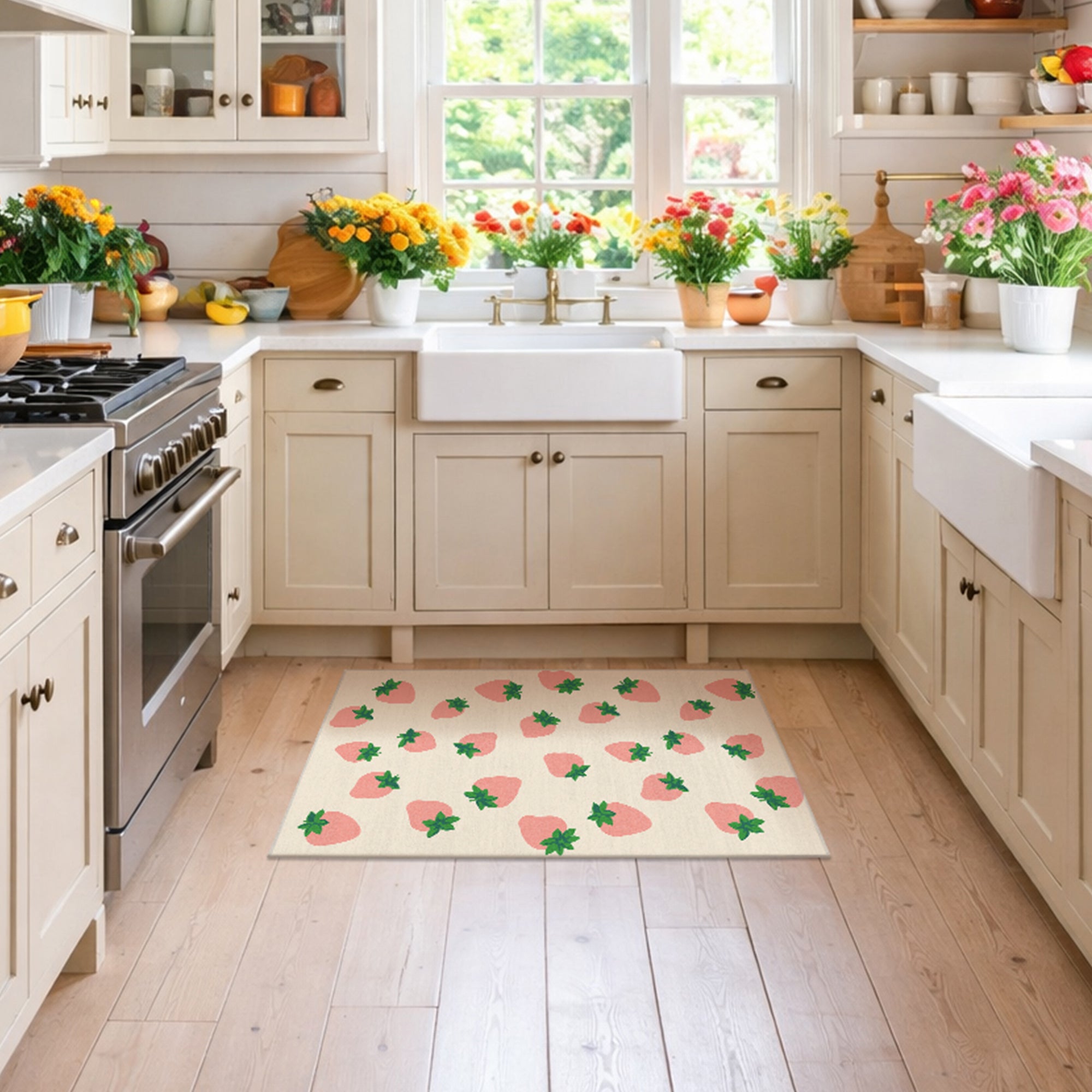 Berry Sweet Pink Green Beige Machine Washable Rug