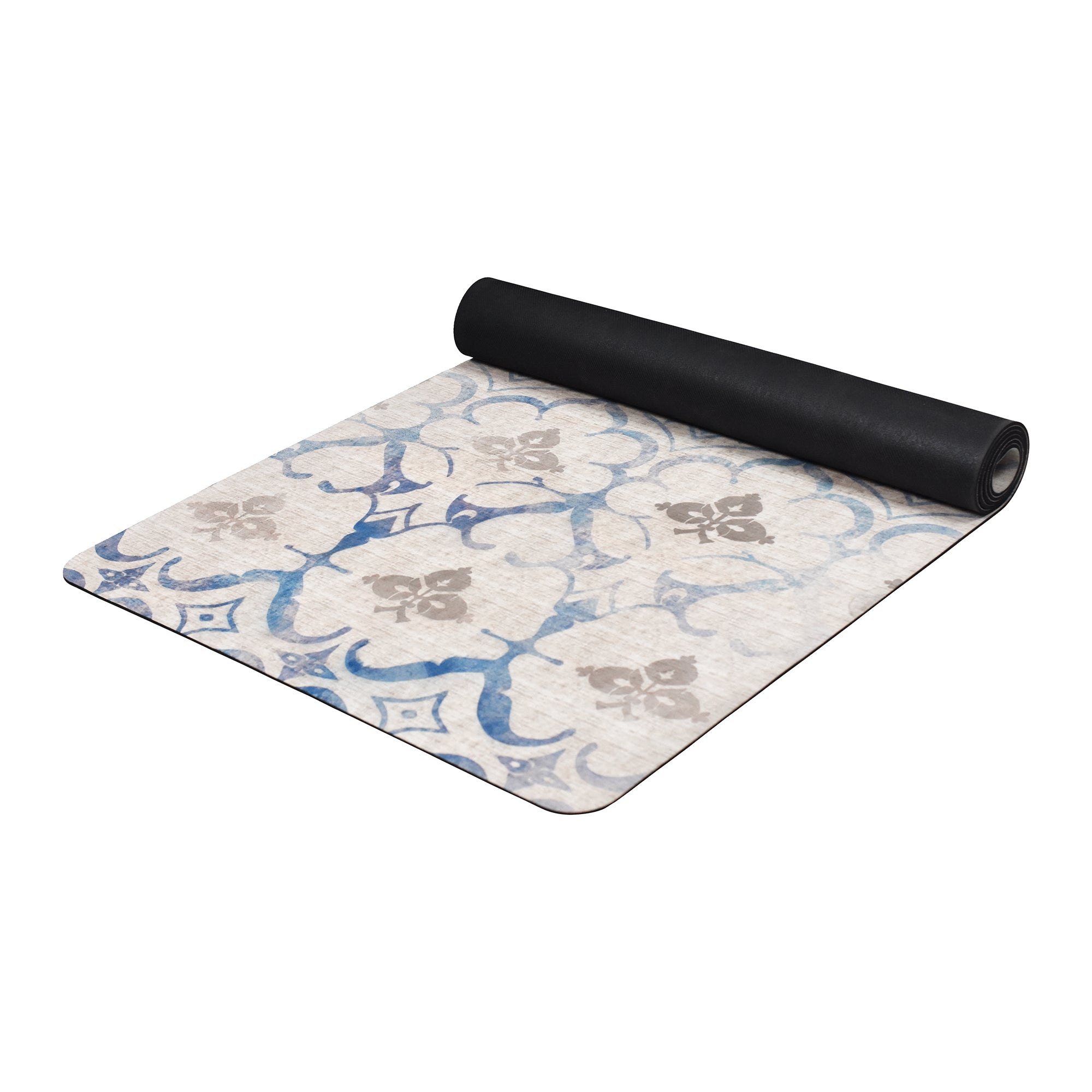 Beige blue damask washable yoga mat non slip decorative fitness mat for home workout