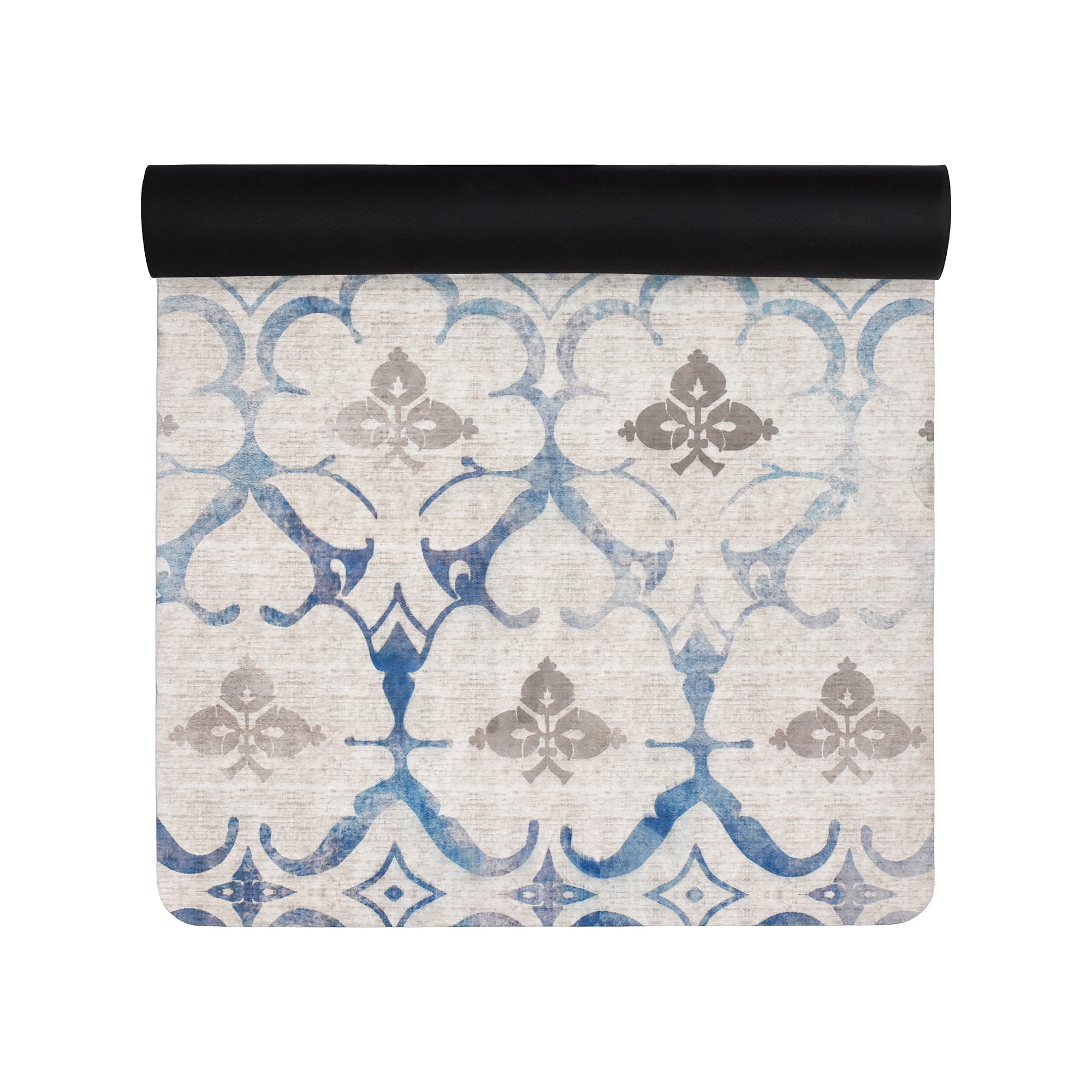 Beige blue damask washable yoga mat non slip decorative fitness mat for home workout