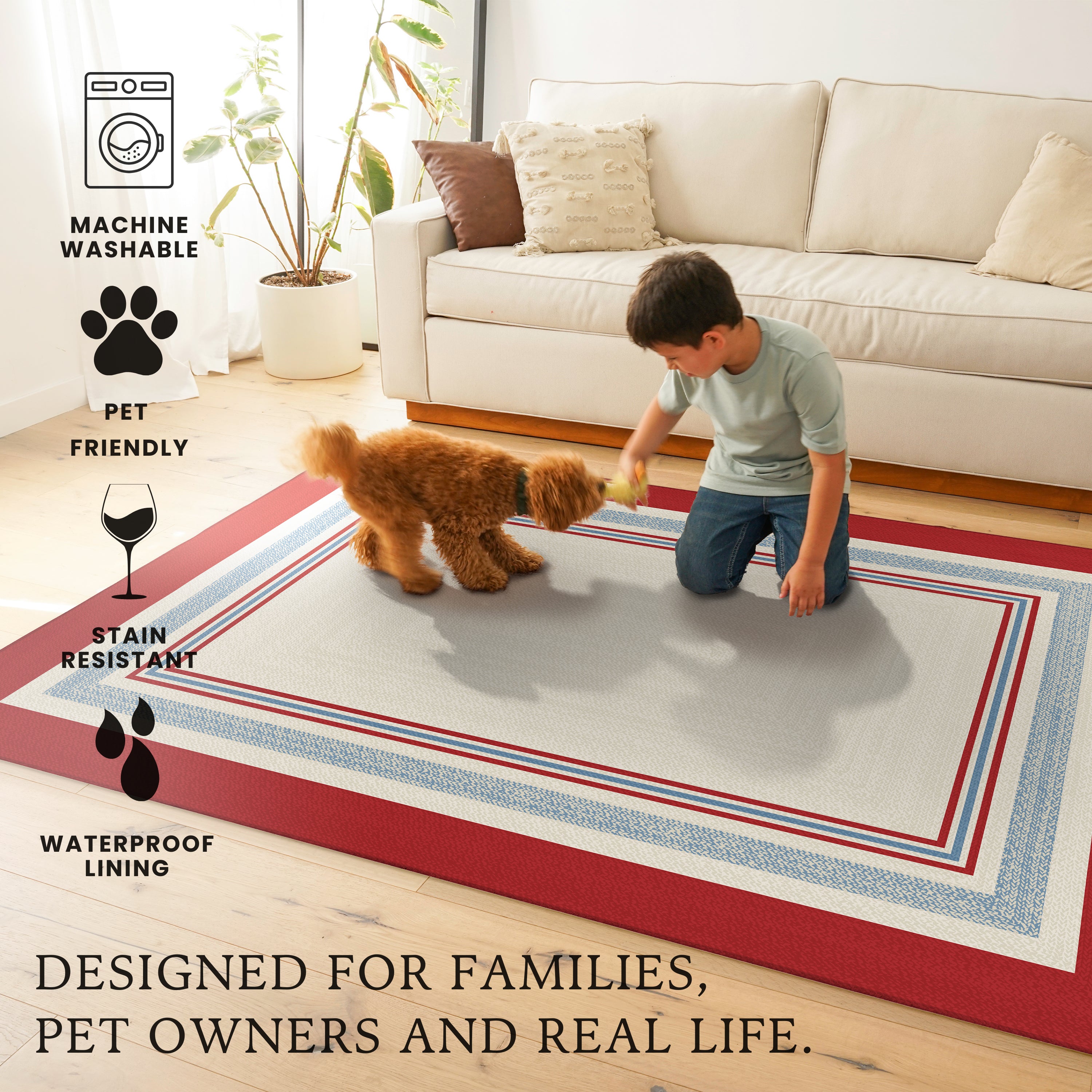 Kennedy bordered washable area rug with red and blue stripe frame on ivory base designed for living rooms, bedrooms, and hallways with non slip backing.