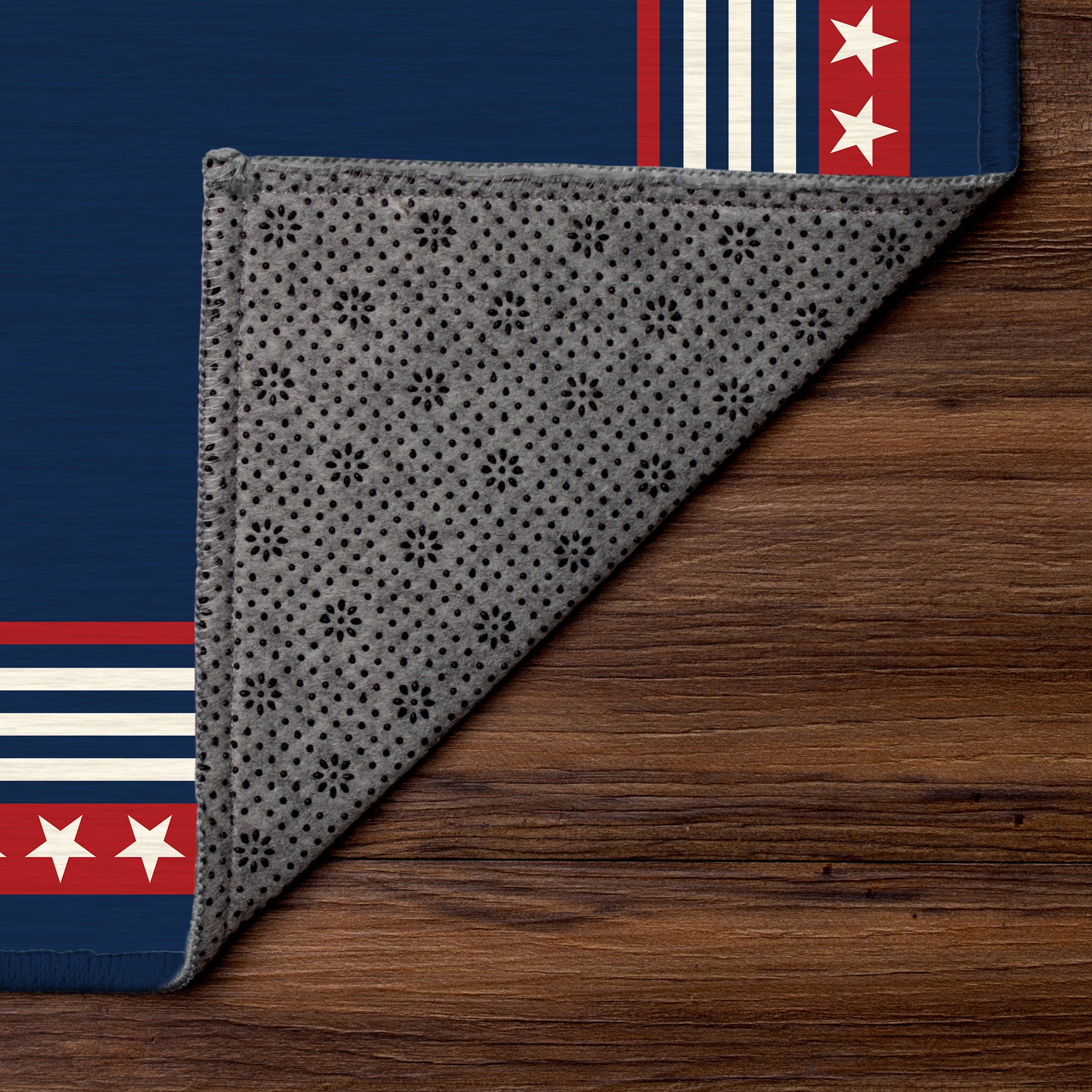 Freedom stars and stripes washable rug with navy center, red star border, and layered stripe frame designed for patriotic decor in living rooms, bedrooms, and hallways.