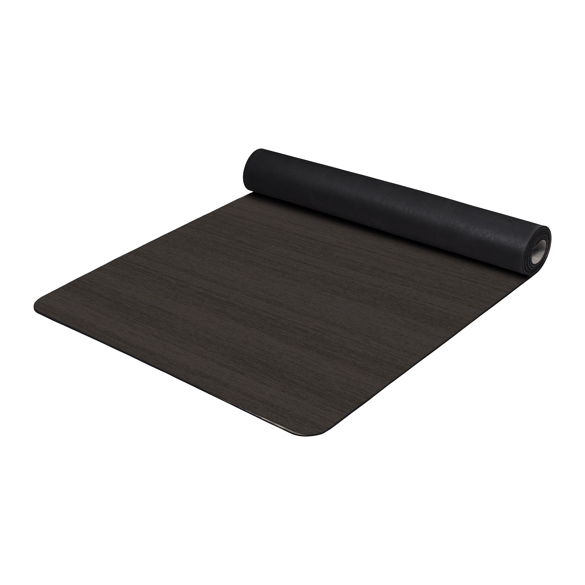 Solid dark grey anti-fatigue kitchen mat with textured surface shown flat and rolled with non-slip backing