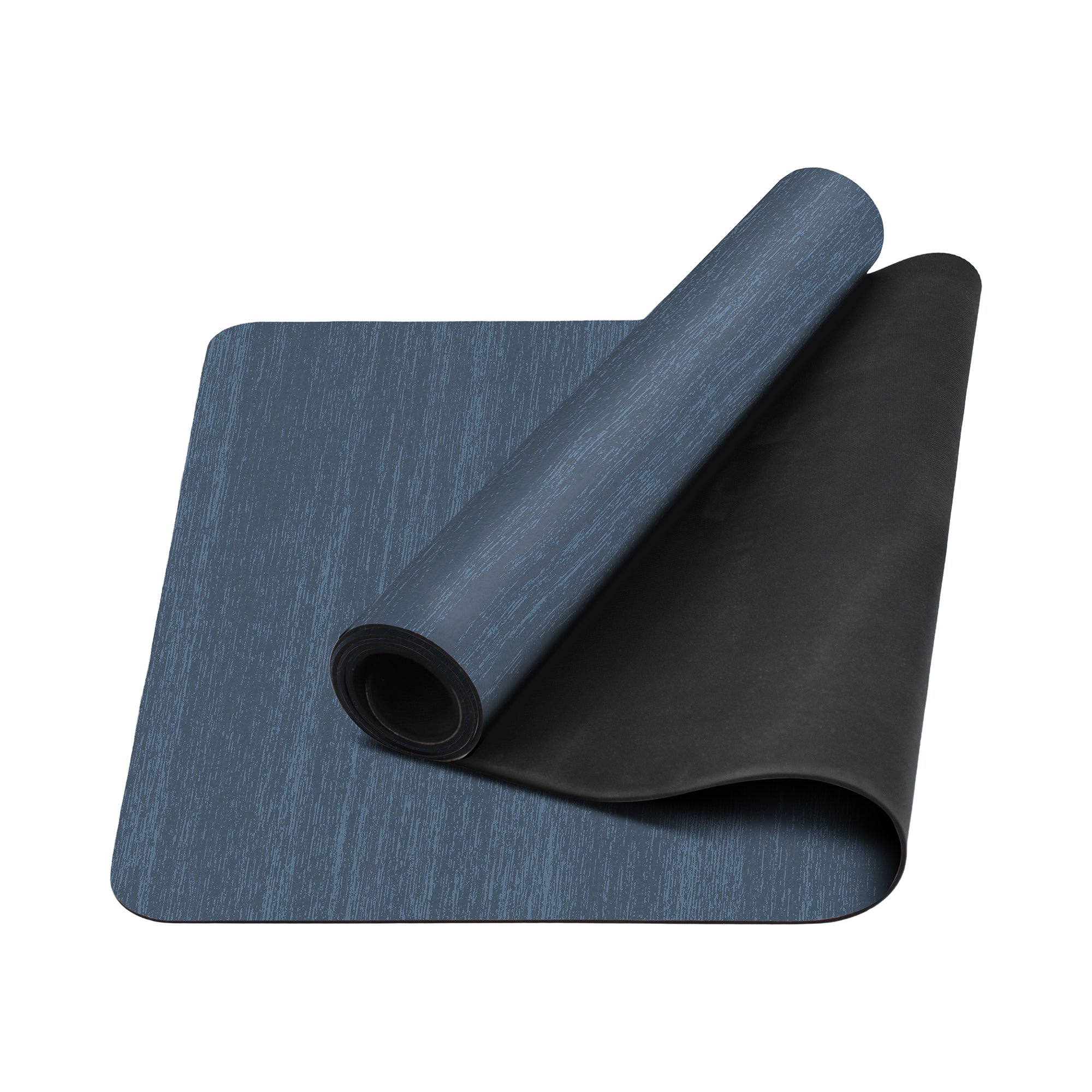 Solid denim blue anti-fatigue kitchen mat with textured surface shown flat and rolled with non-slip backing