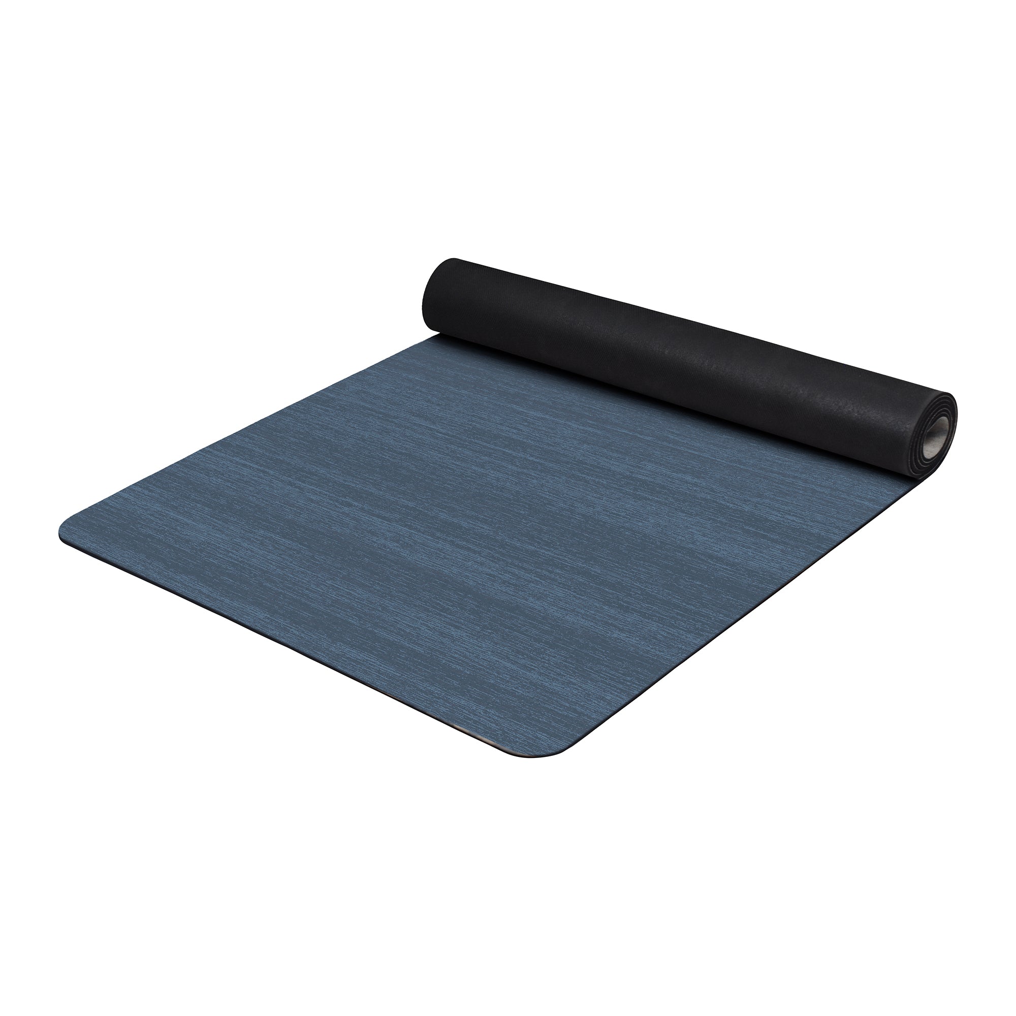 Solid denim blue anti-fatigue kitchen mat with textured surface shown flat and rolled with non-slip backing