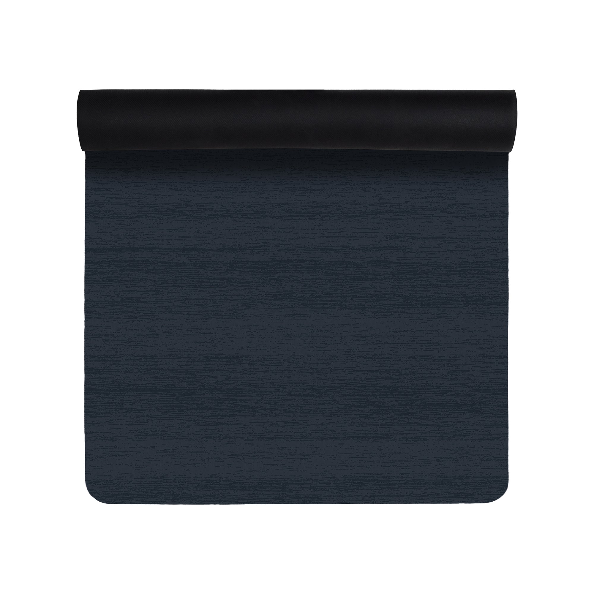 Solid navy blue anti-fatigue kitchen mat with textured surface shown flat and rolled with non-slip backing