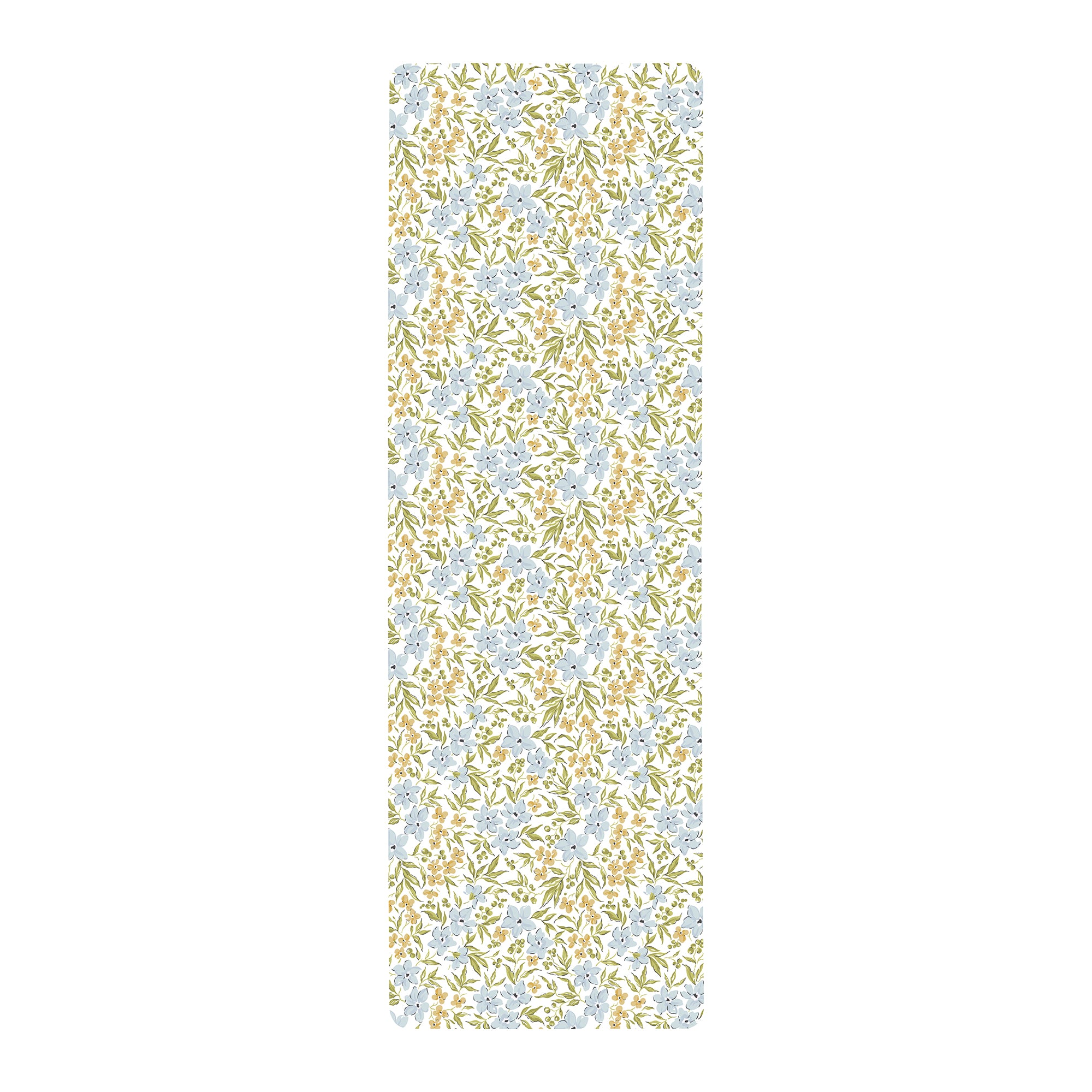 Blue floral anti-fatigue kitchen mat with soft botanical pattern shown flat and rolled with non-slip backing