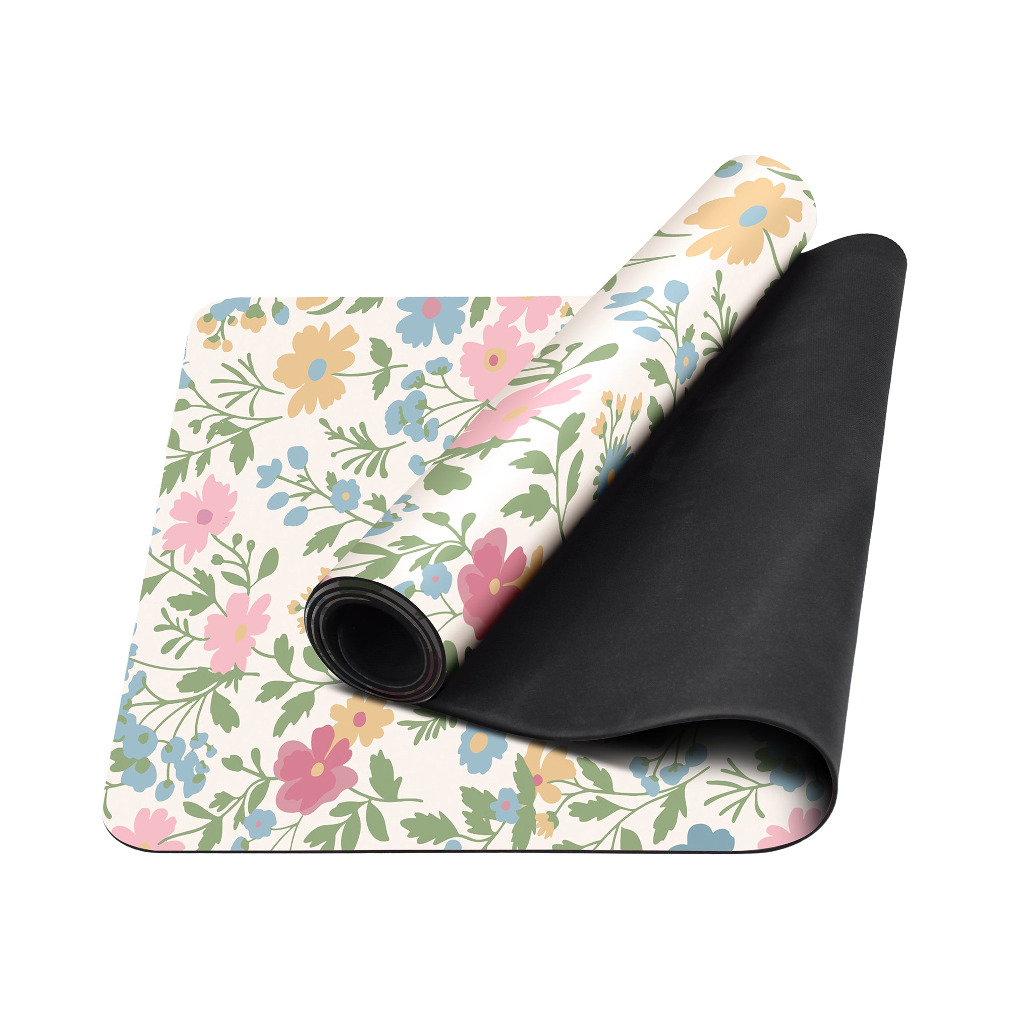 Floral anti-fatigue kitchen mat with pastel flowers on cream background shown flat and rolled with non-slip backing
