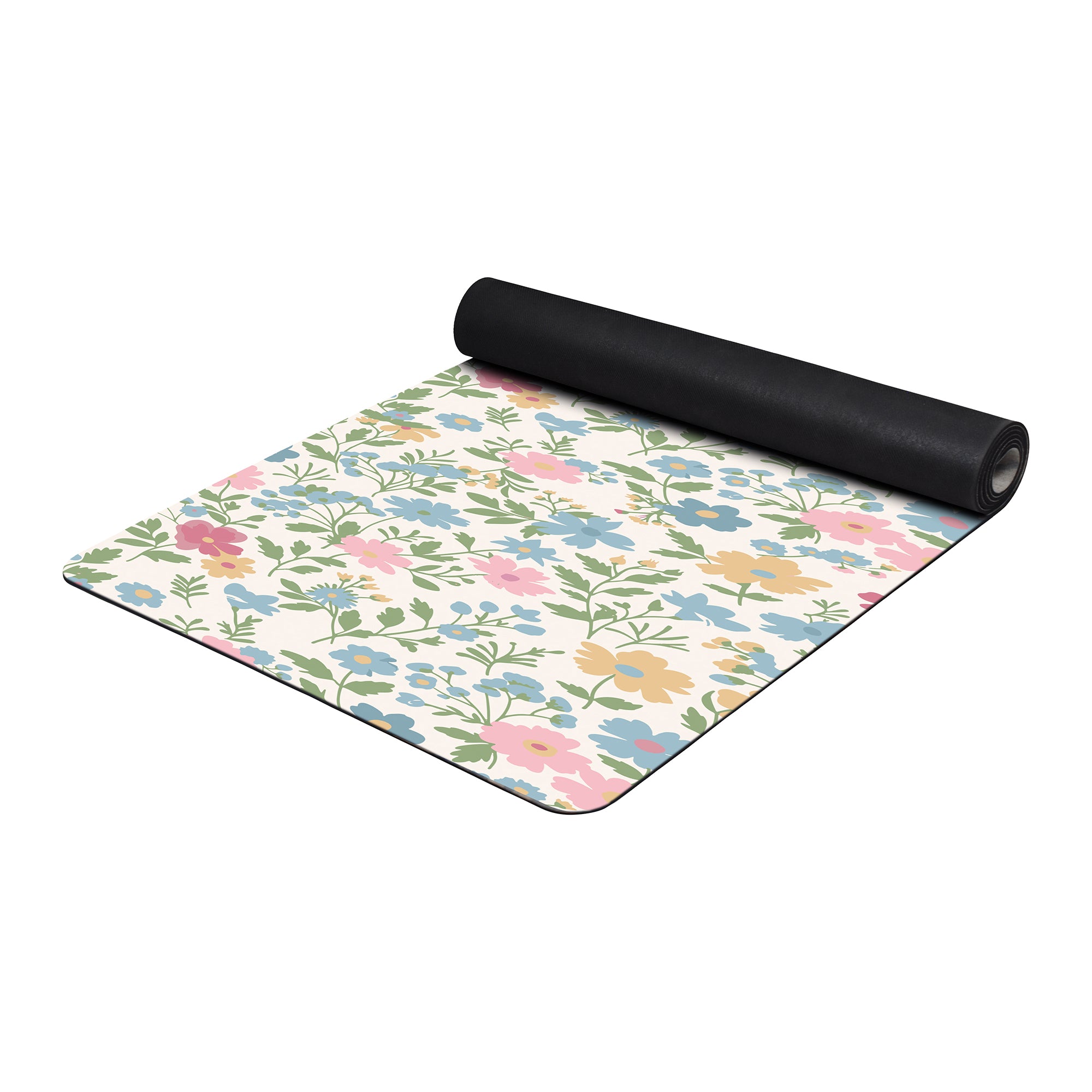 Floral anti-fatigue kitchen mat with pastel flowers on cream background shown flat and rolled with non-slip backing