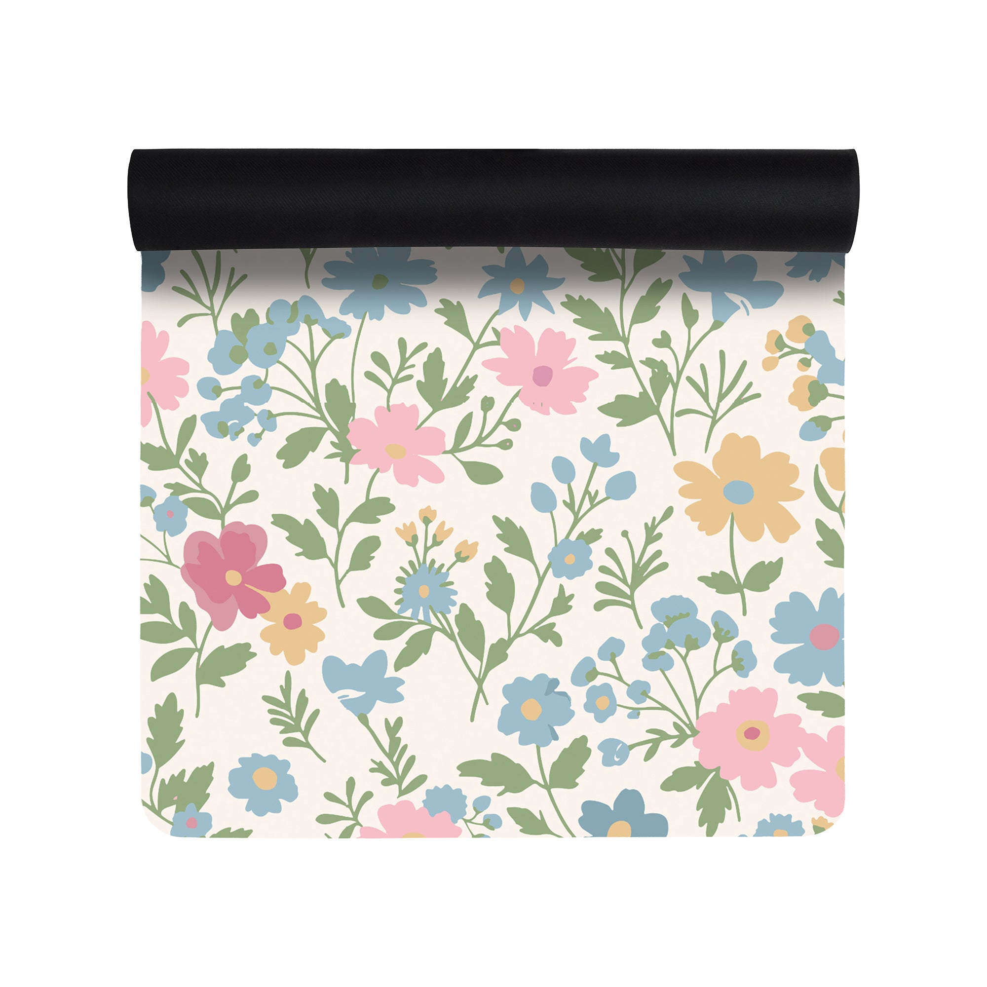 Floral anti-fatigue kitchen mat with pastel flowers on cream background shown flat and rolled with non-slip backing