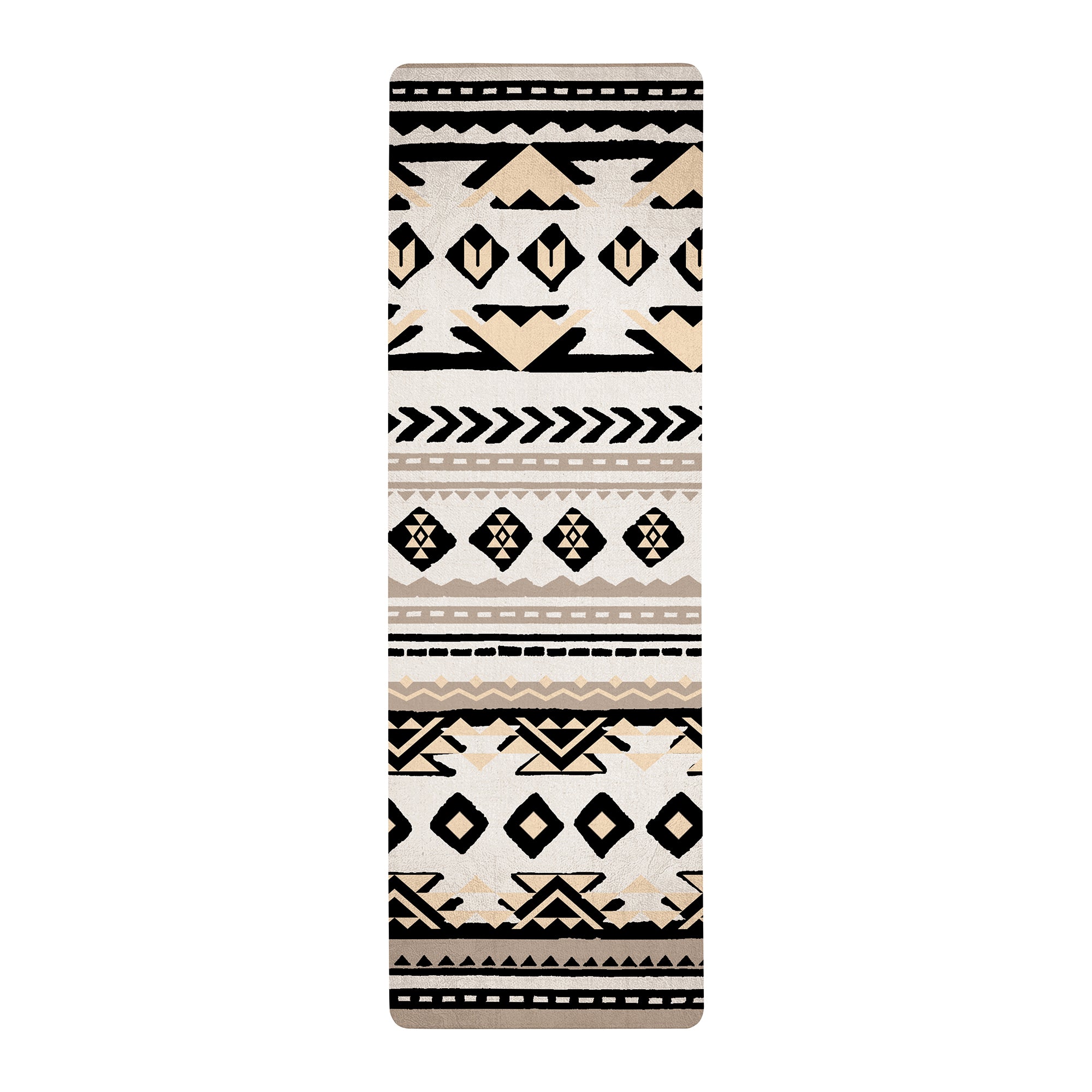 Beige tribal anti-fatigue kitchen mat with geometric southwestern pattern shown flat and rolled with non-slip backing