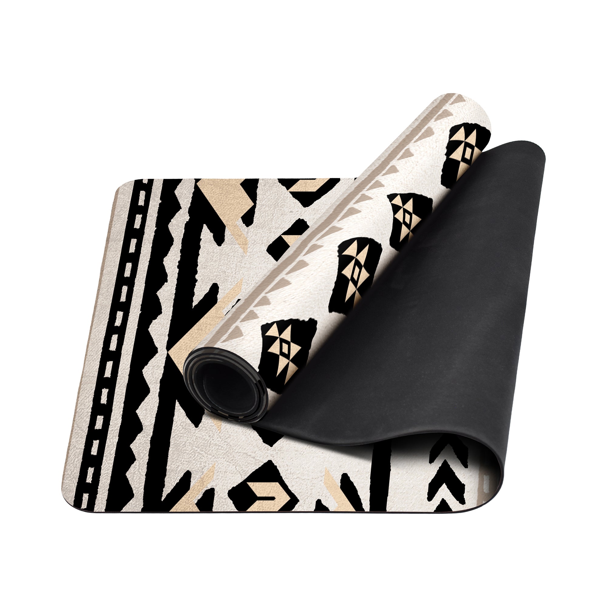 Beige tribal anti-fatigue kitchen mat with geometric southwestern pattern shown flat and rolled with non-slip backing