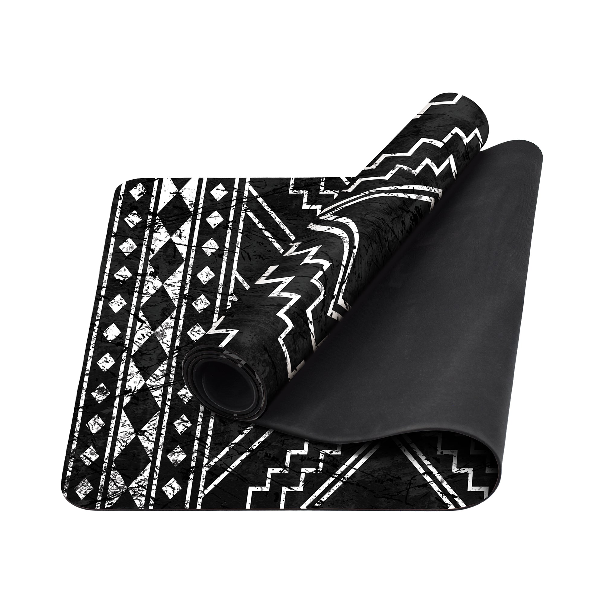 Black tribal triangle anti-fatigue yoga mat with geometric pattern shown flat and rolled with non-slip backing