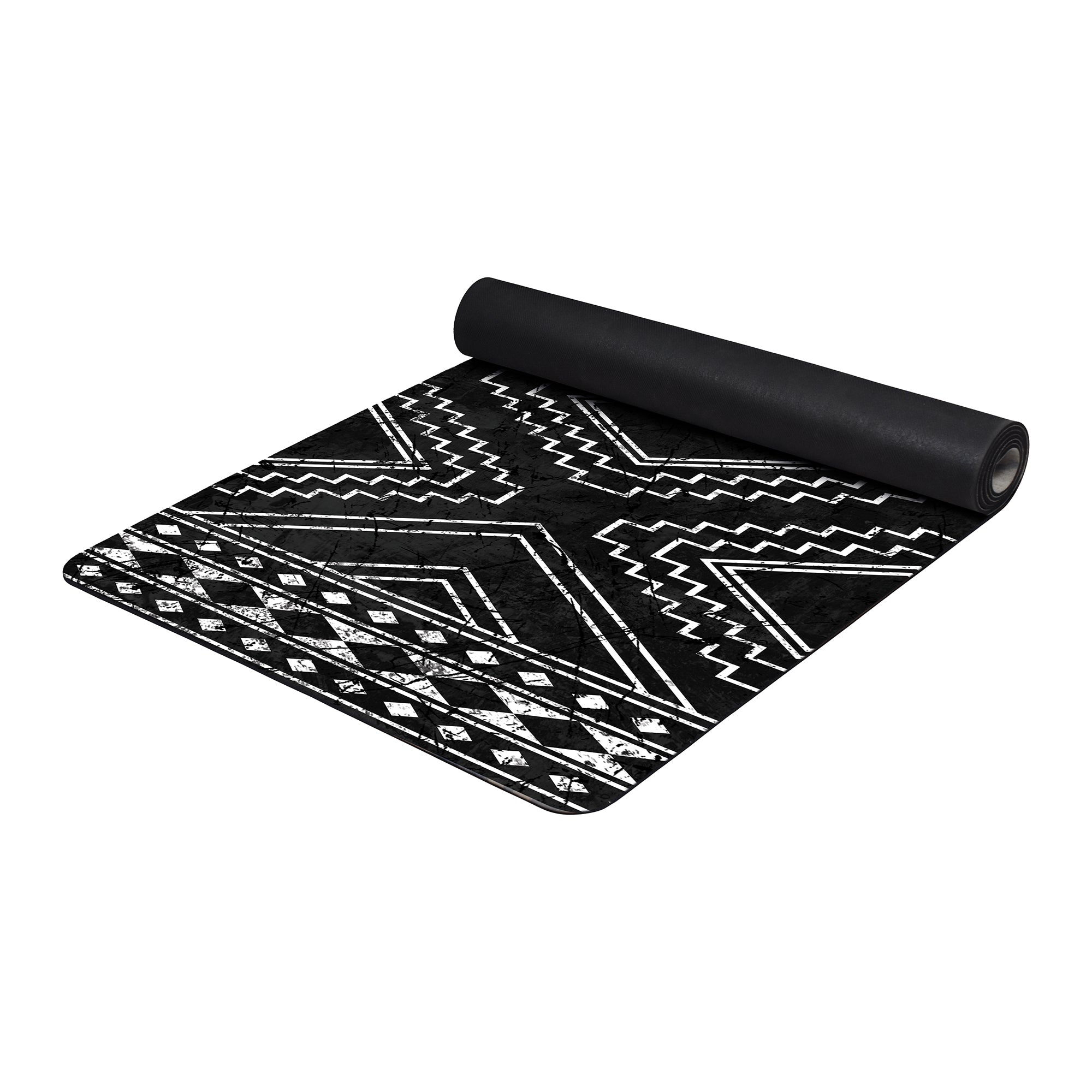 Black tribal triangle anti-fatigue yoga mat with geometric pattern shown flat and rolled with non-slip backing