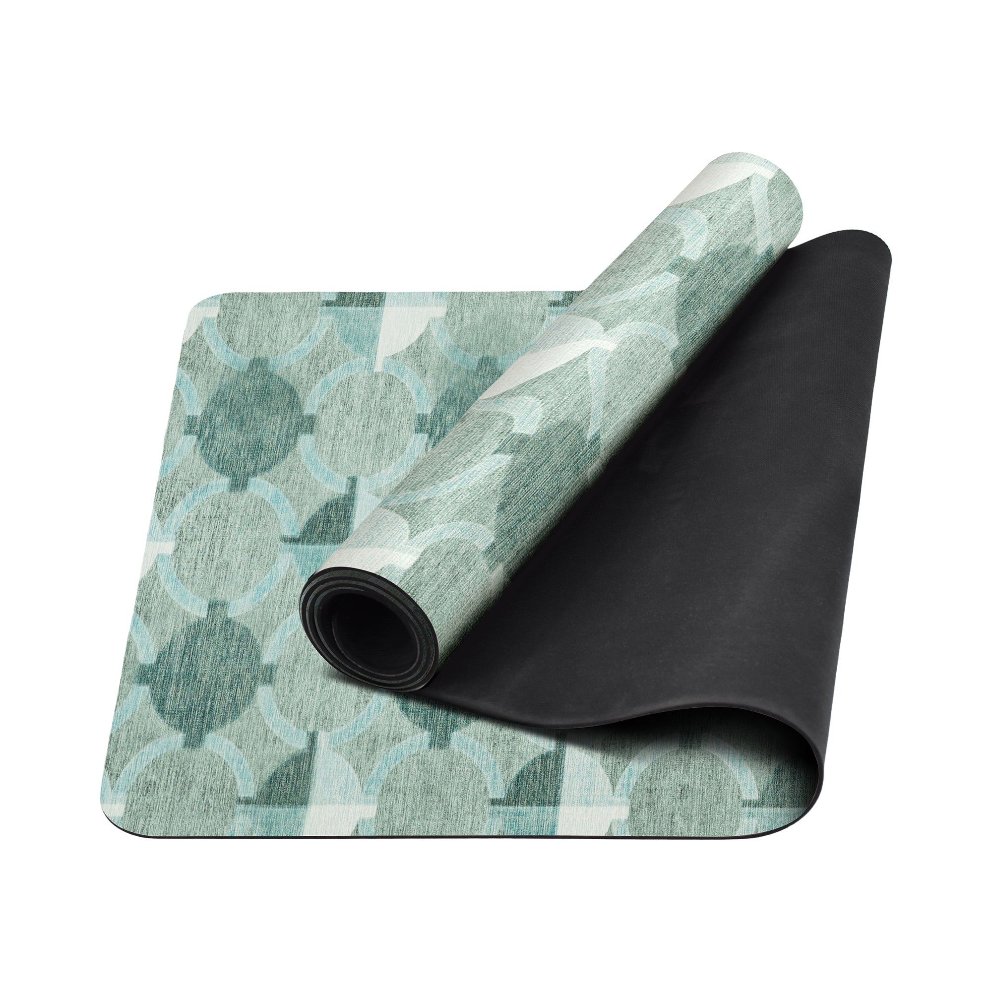 Light sage green geometric circle anti-fatigue yoga mat shown flat and rolled with non-slip backing