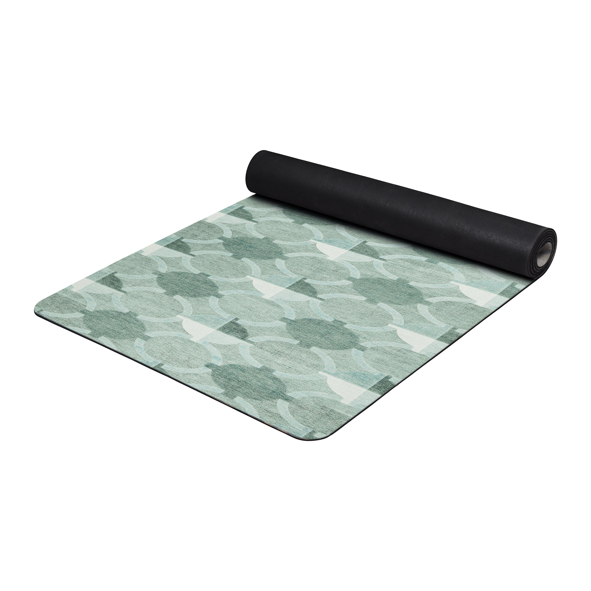 Light sage green geometric circle anti-fatigue yoga mat shown flat and rolled with non-slip backing