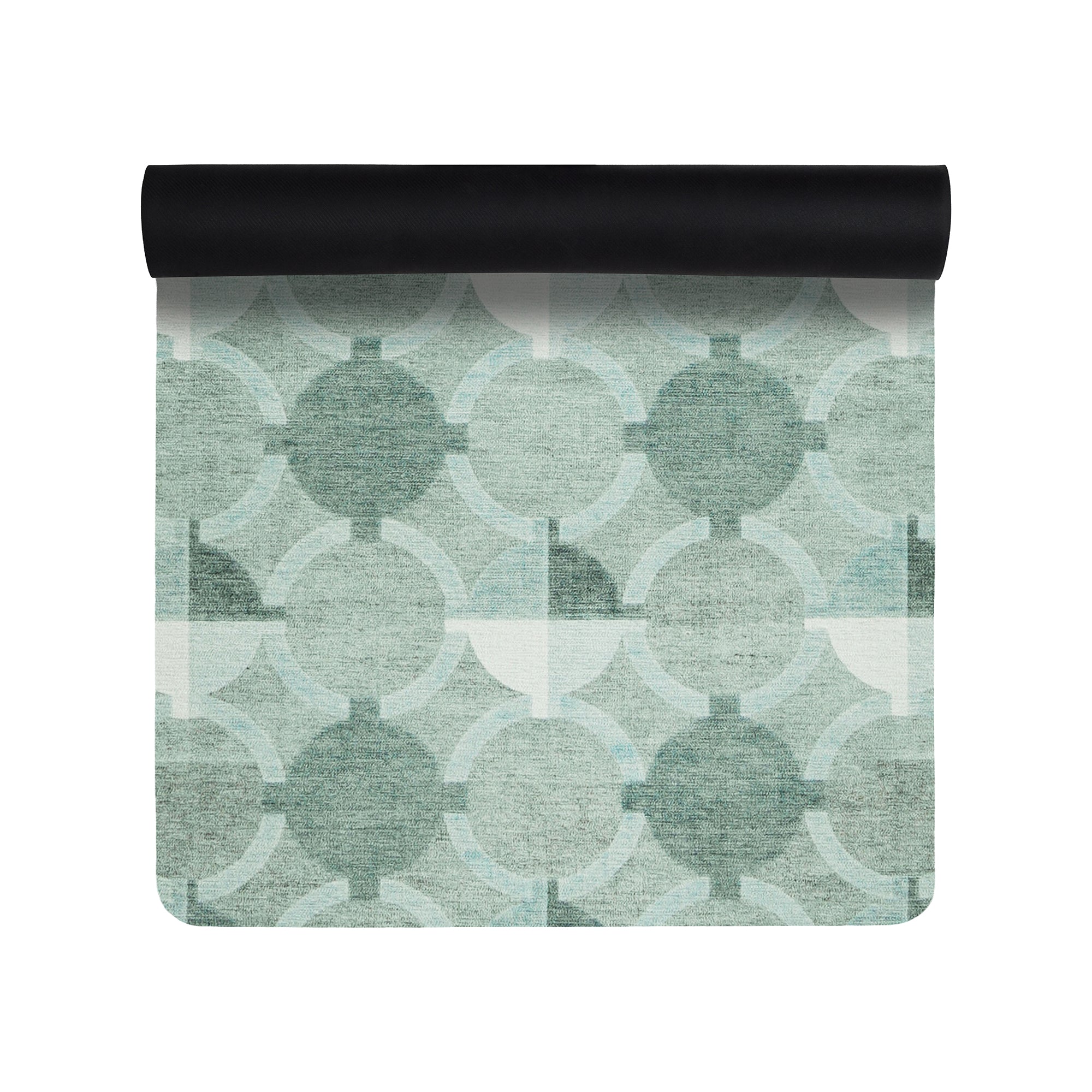 Light sage green geometric circle anti-fatigue yoga mat shown flat and rolled with non-slip backing
