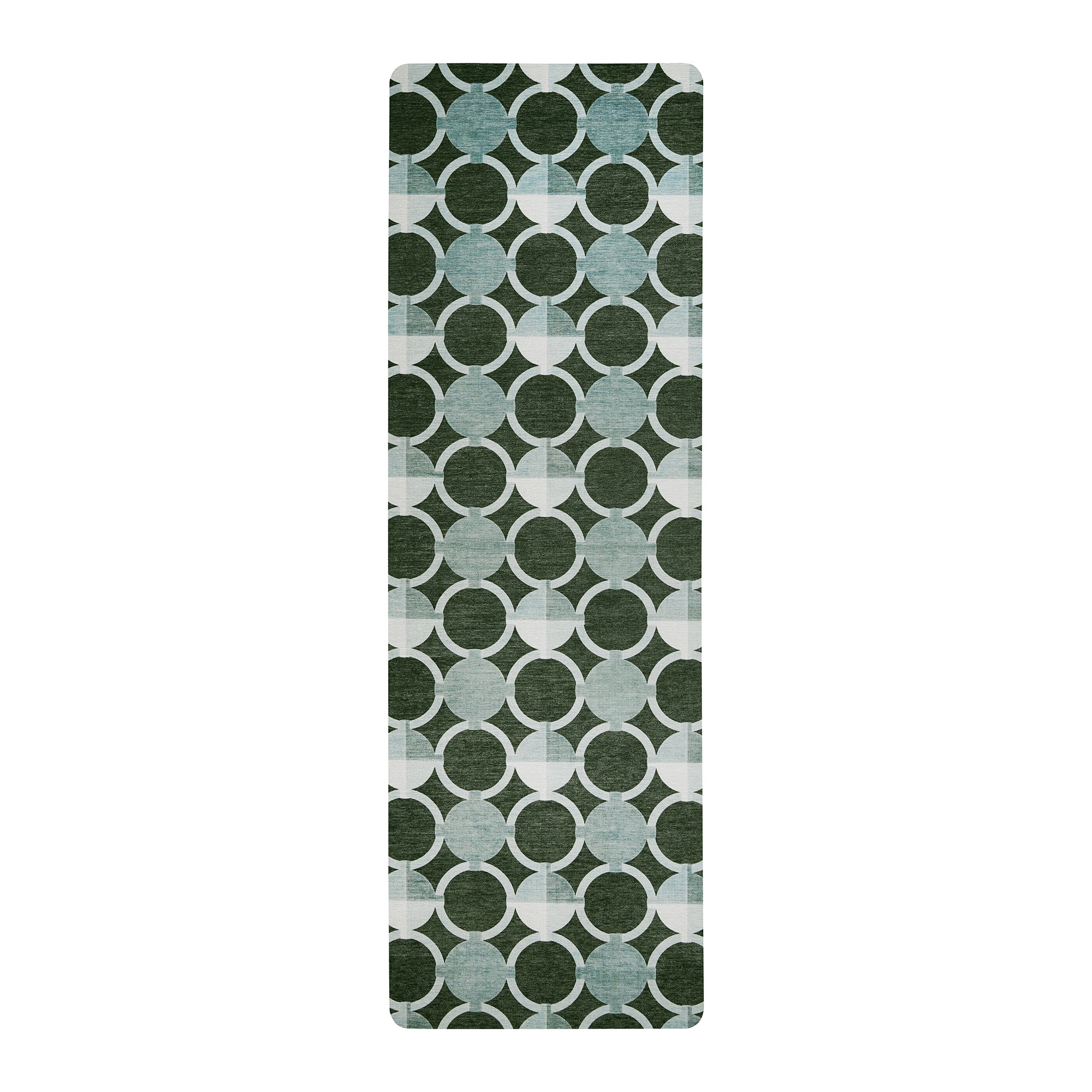 Dark sage green geometric circle anti-fatigue yoga mat shown flat and rolled with non-slip backing