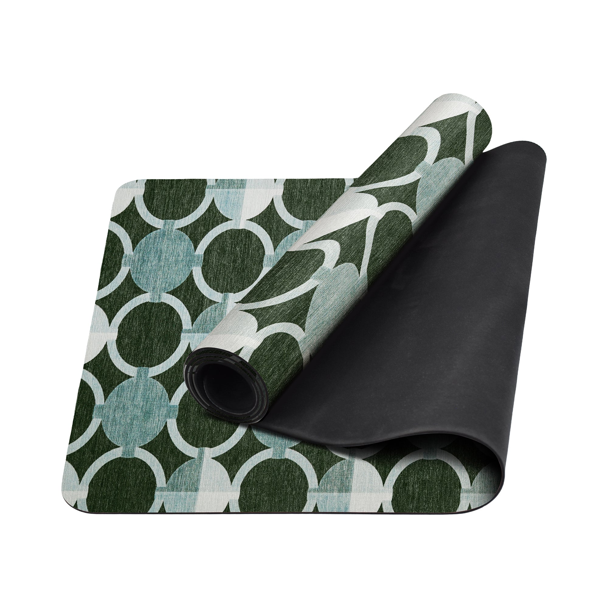 Dark sage green geometric circle anti-fatigue yoga mat shown flat and rolled with non-slip backing