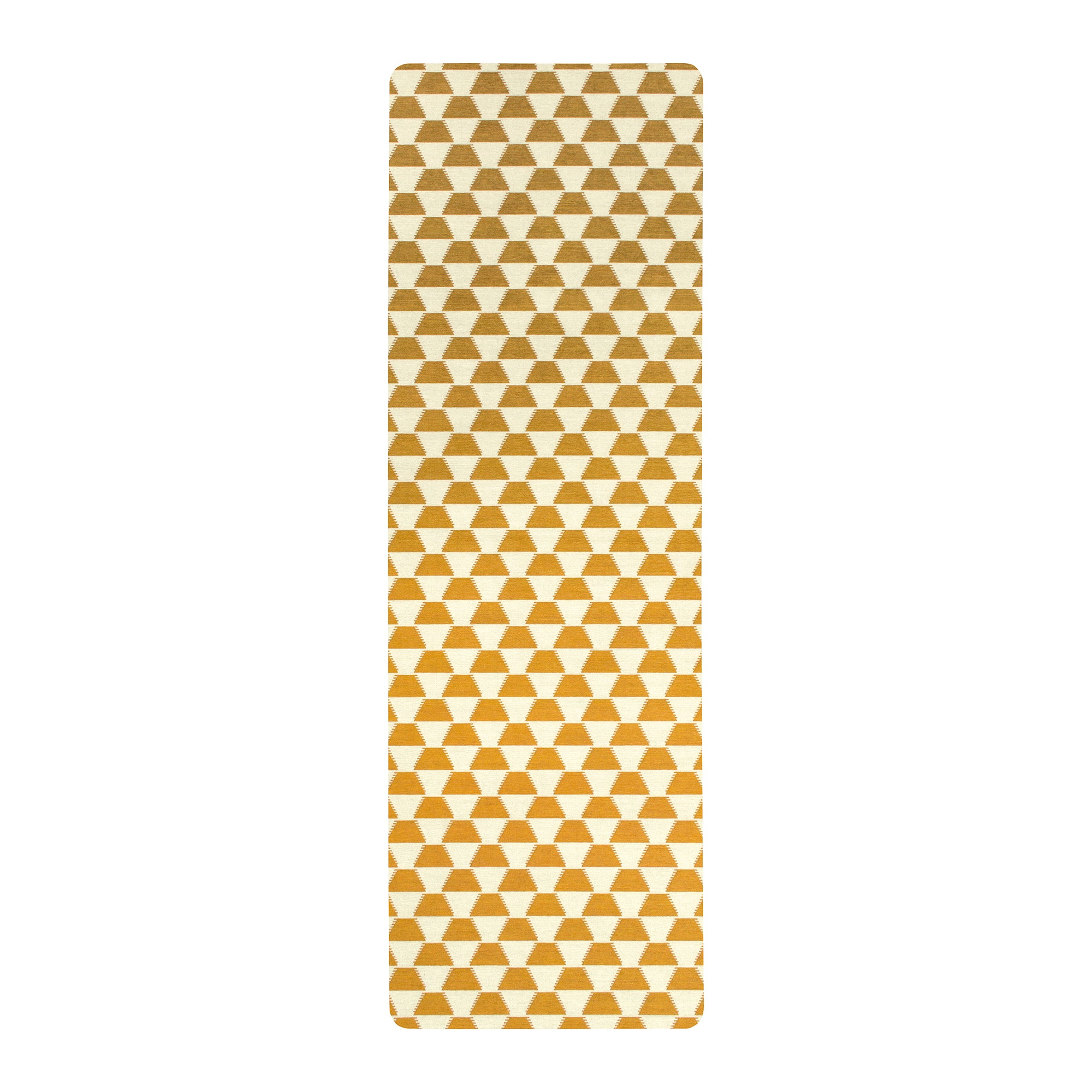 Yellow gold geometric triangle anti-fatigue yoga mat shown flat and rolled with non-slip backing