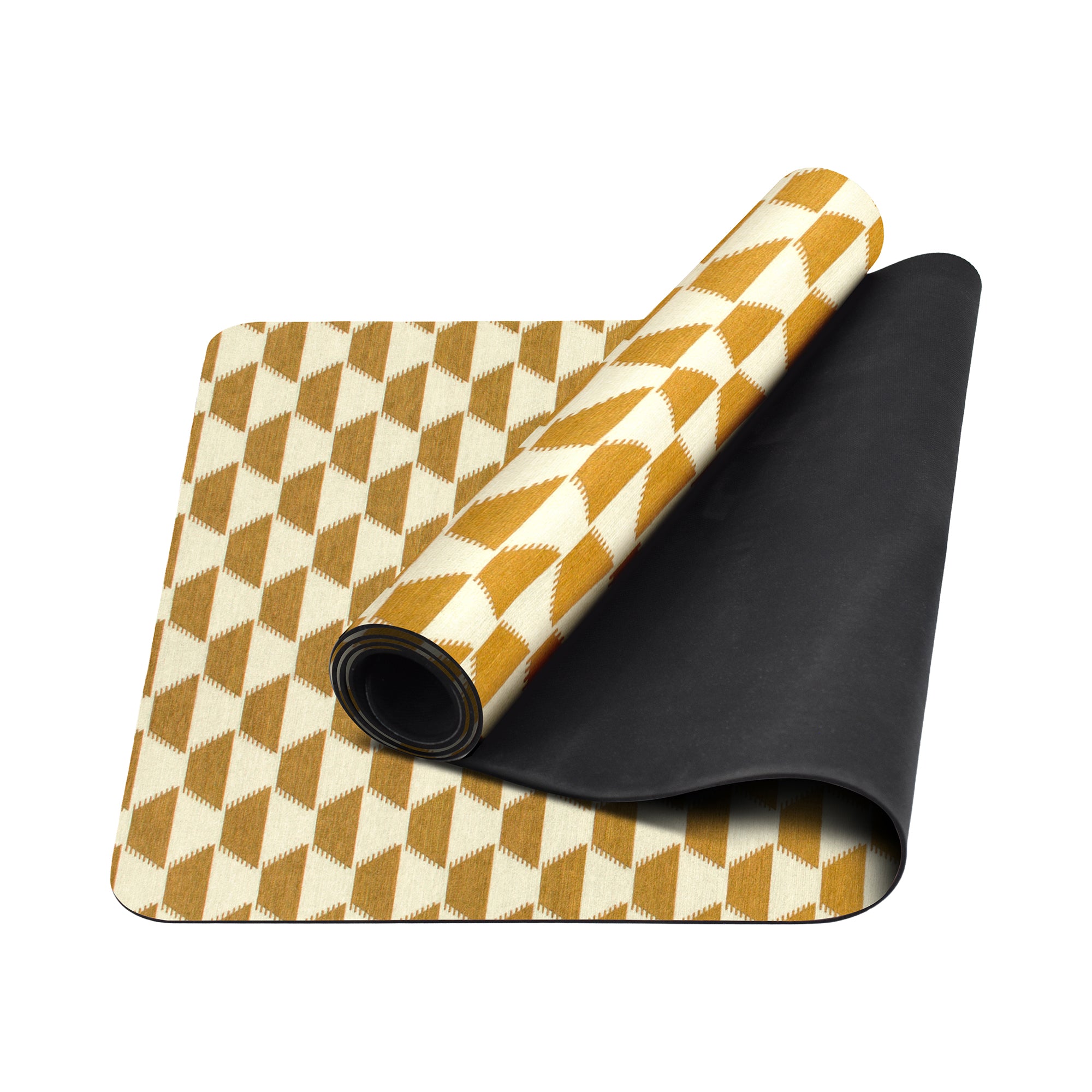 Yellow gold geometric triangle anti-fatigue yoga mat shown flat and rolled with non-slip backing