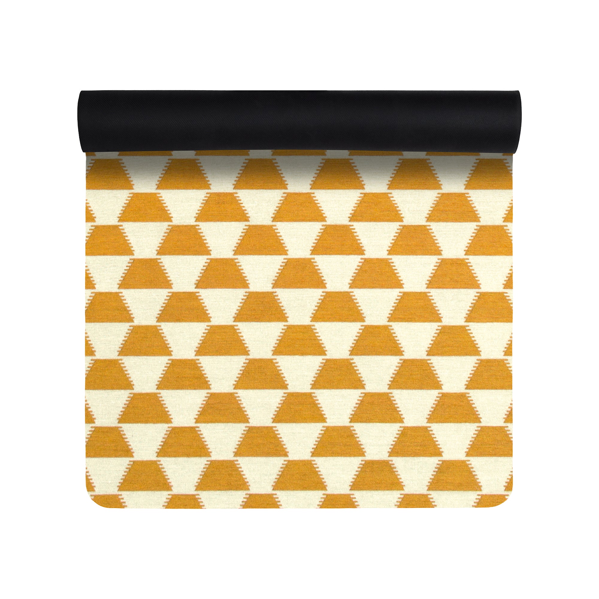 Yellow gold geometric triangle anti-fatigue yoga mat shown flat and rolled with non-slip backing