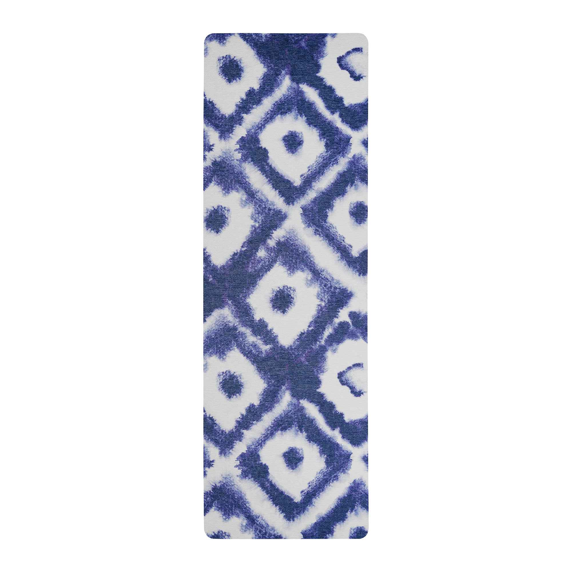 Blue shibori geometric diamond anti-fatigue yoga mat shown flat and rolled with non-slip backing