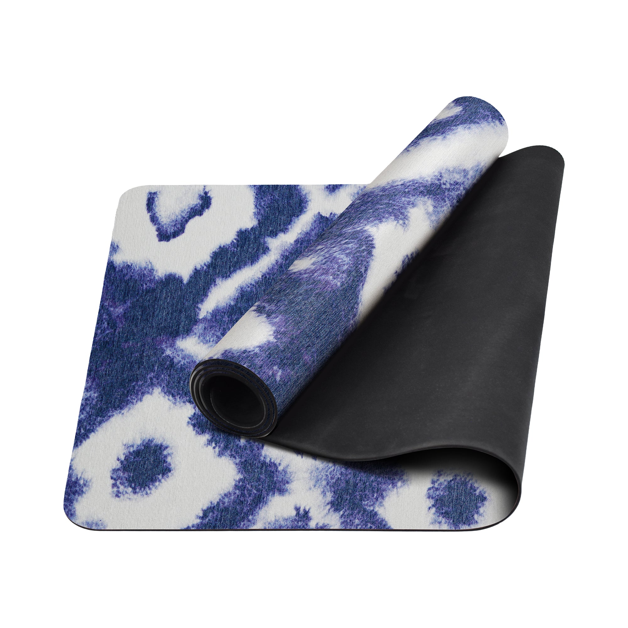 Blue shibori geometric diamond anti-fatigue yoga mat shown flat and rolled with non-slip backing