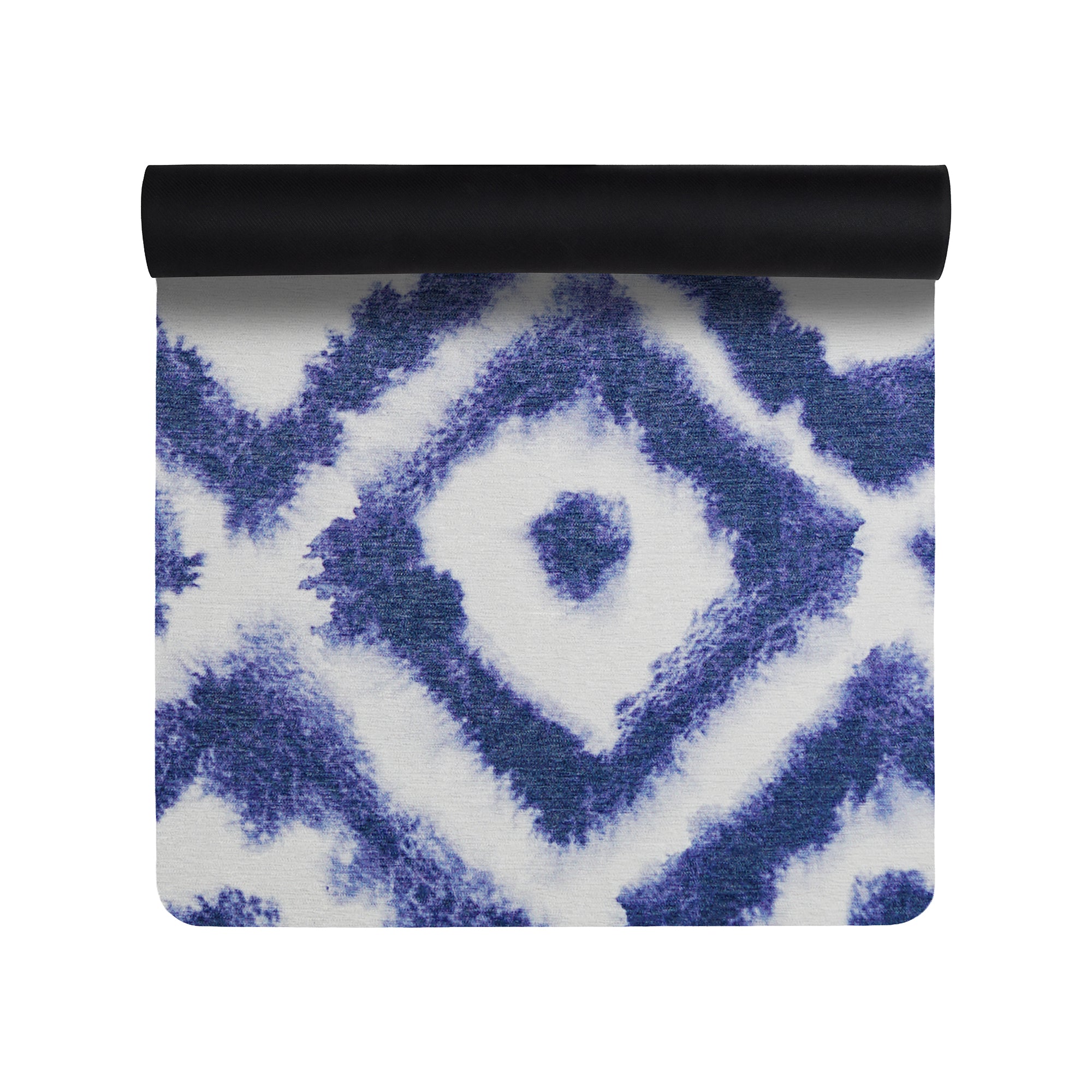 Blue shibori geometric diamond anti-fatigue yoga mat shown flat and rolled with non-slip backing