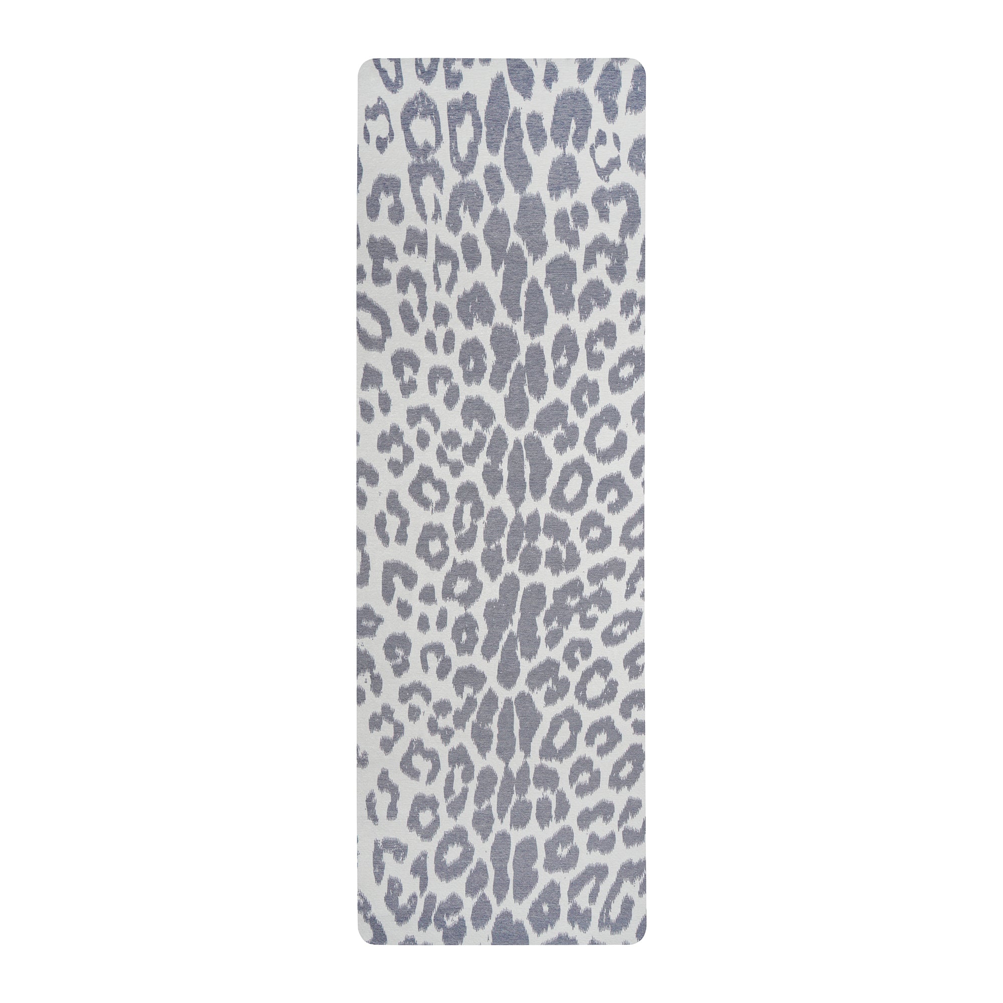 Grey leopard print anti-fatigue yoga mat shown flat and rolled with non-slip backing
