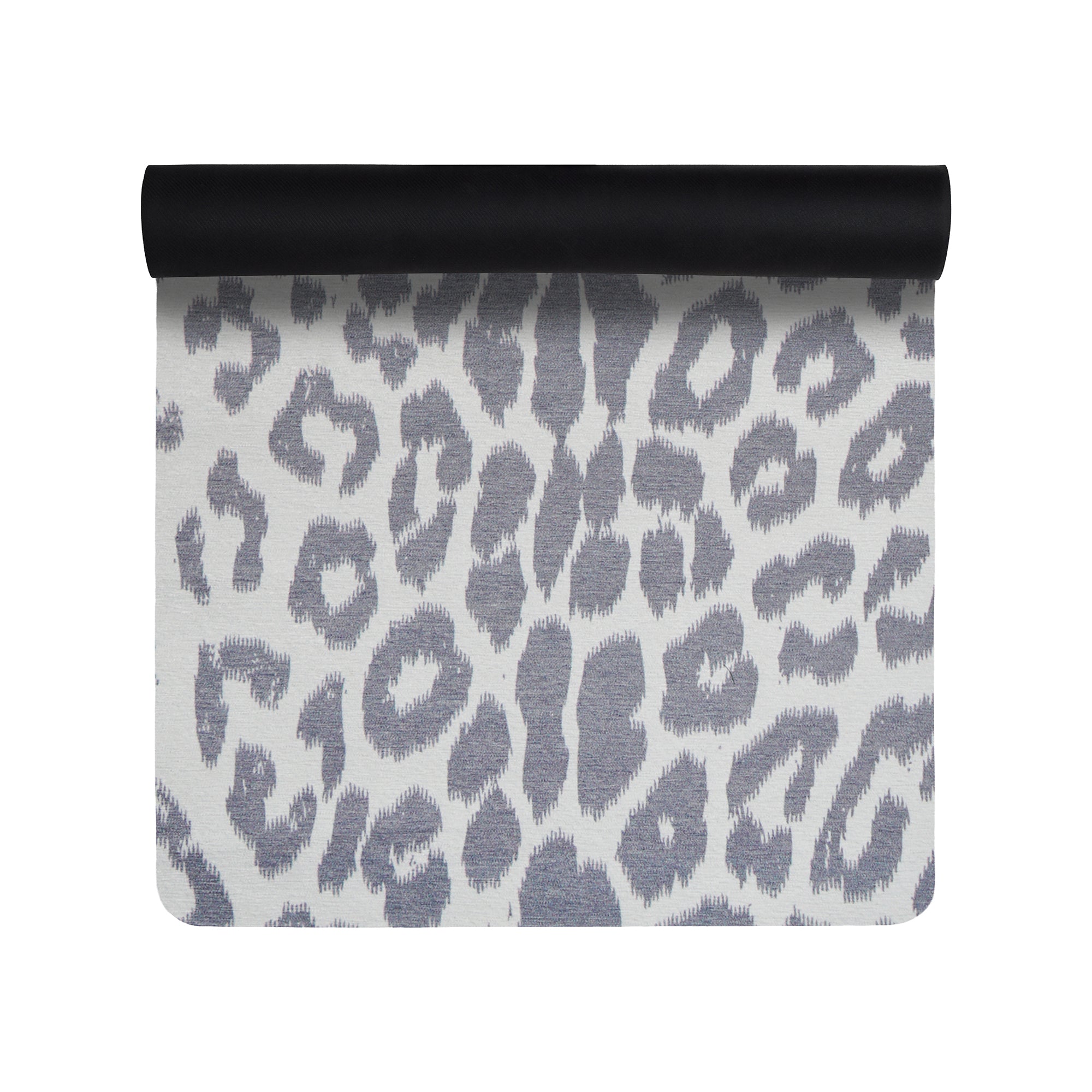 Grey leopard print anti-fatigue yoga mat shown flat and rolled with non-slip backing