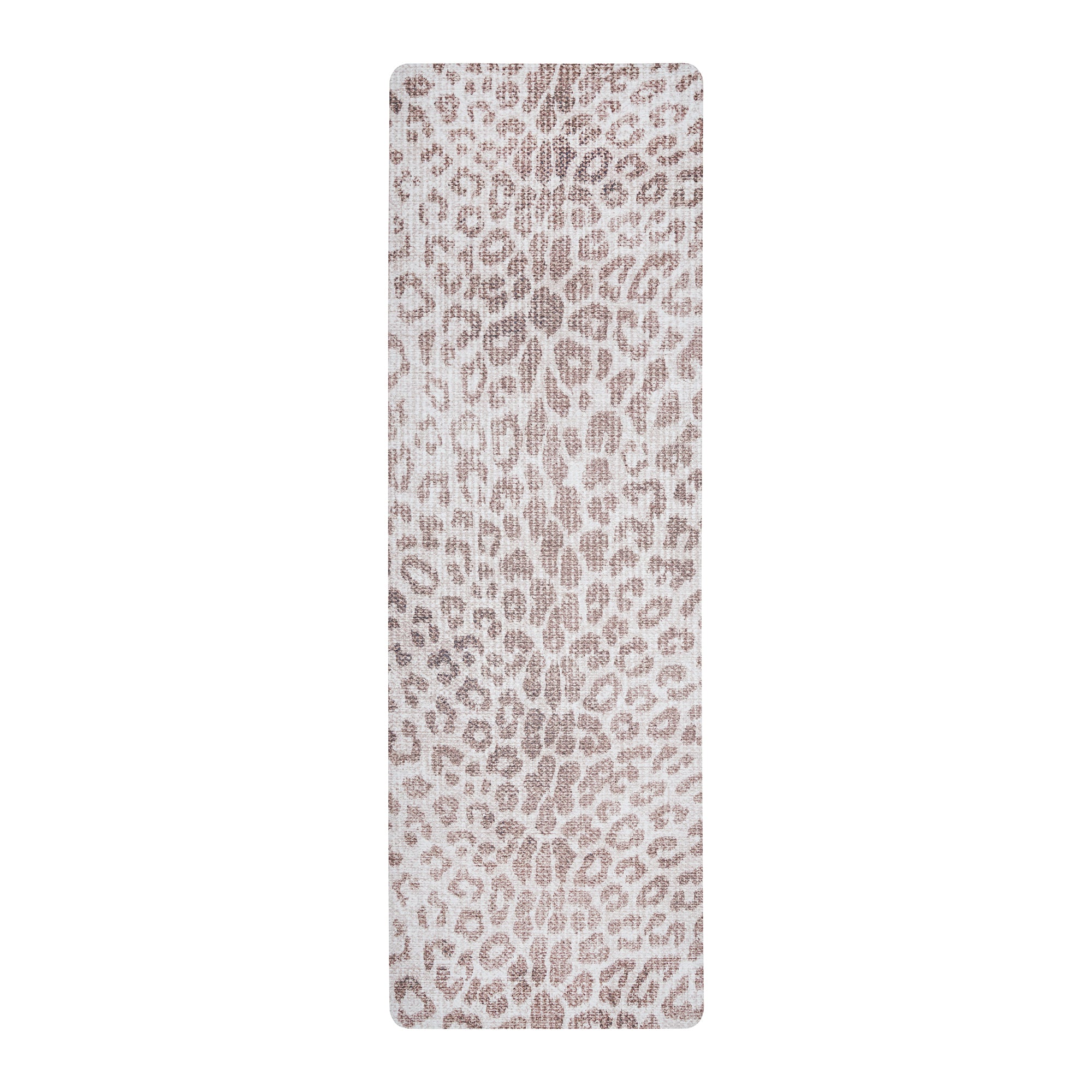 Brown leopard print yoga mat with anti-fatigue cushioning shown rolled and flat