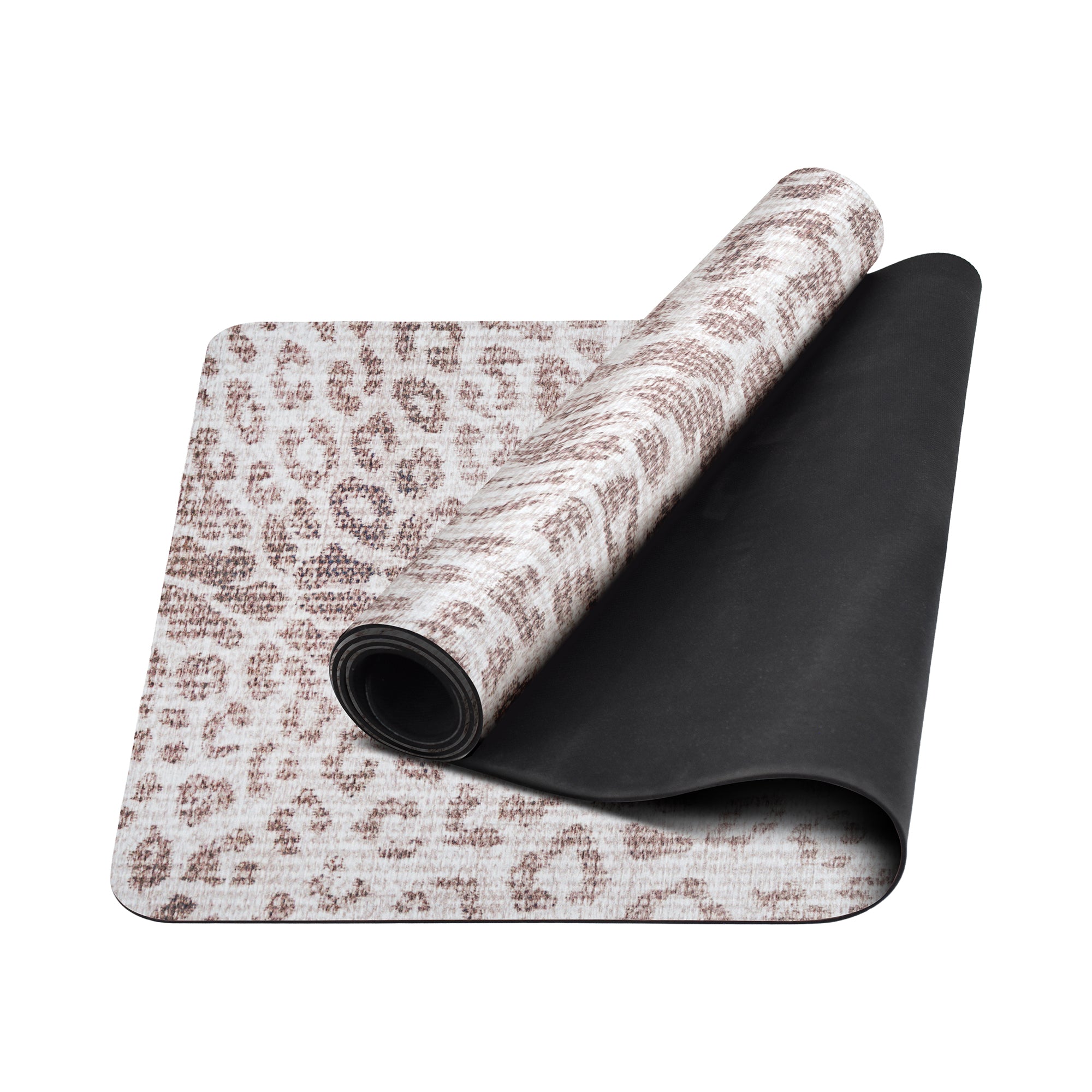 Brown leopard print yoga mat with anti-fatigue cushioning shown rolled and flat