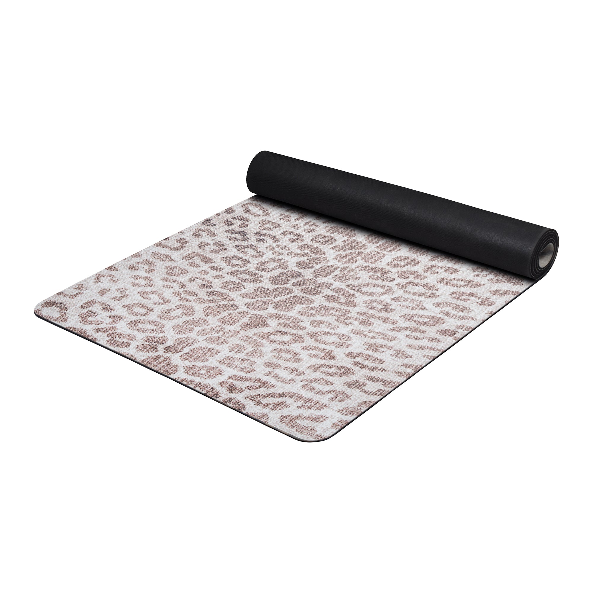 Brown leopard print yoga mat with anti-fatigue cushioning shown rolled and flat