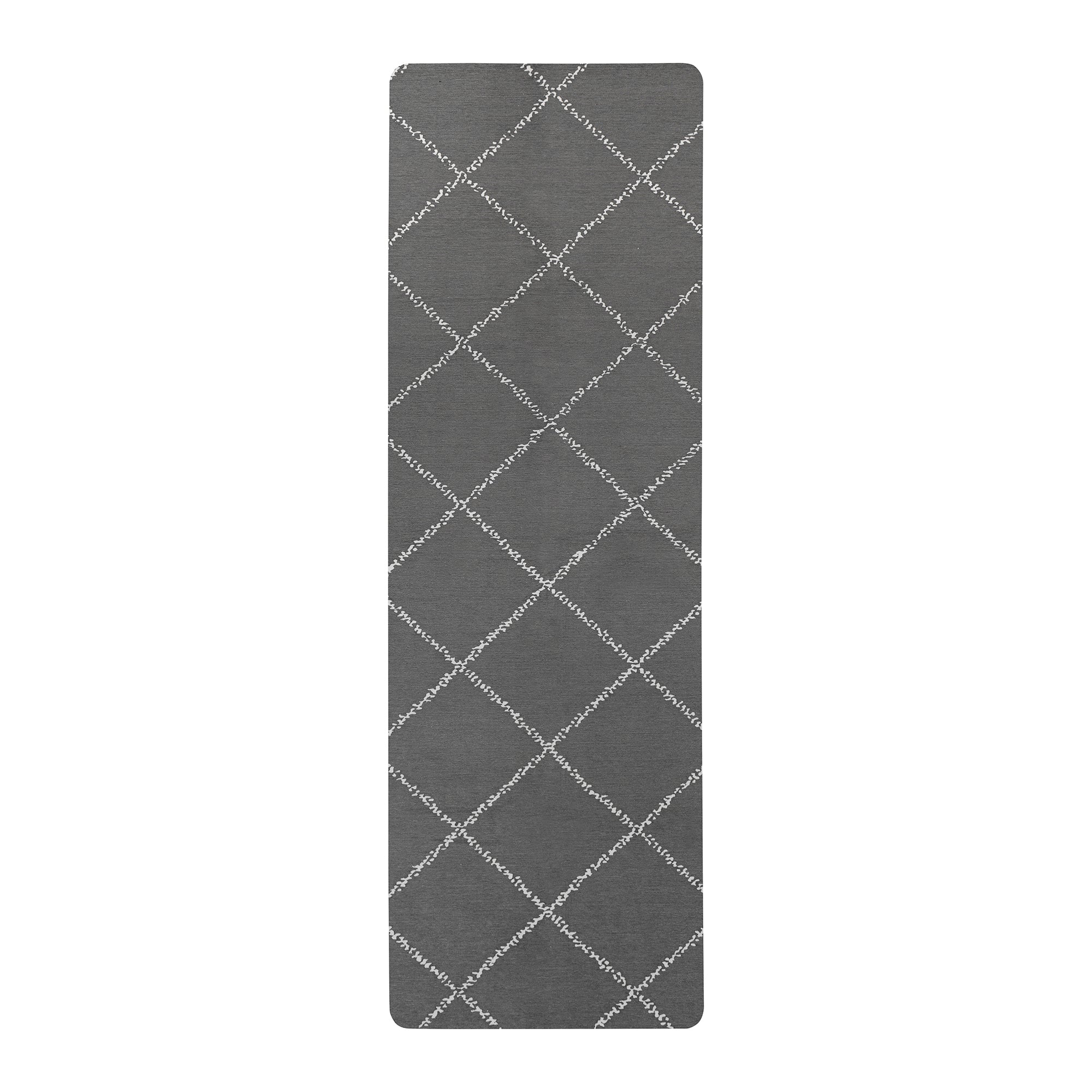 Grey Moroccan diamond yoga mat with white geometric pattern shown rolled and flat