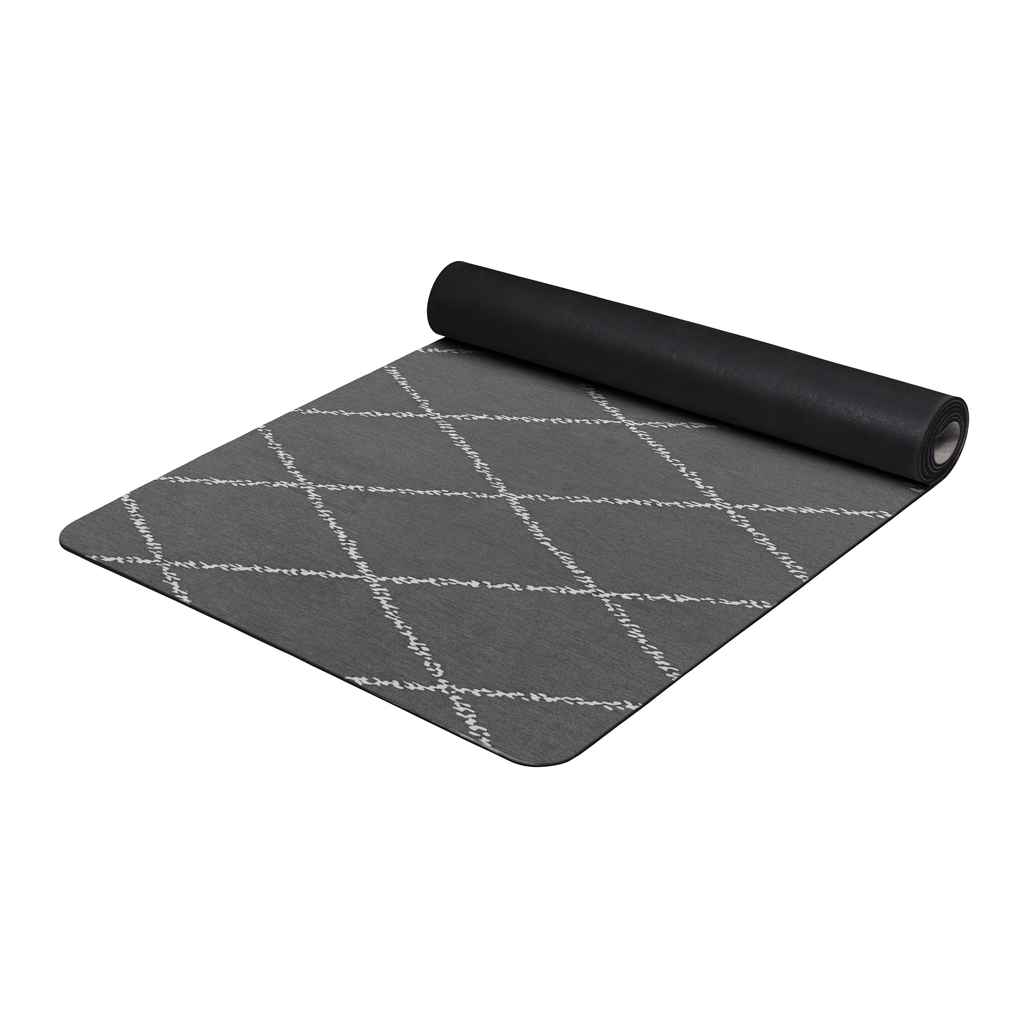 Grey Moroccan diamond yoga mat with white geometric pattern shown rolled and flat