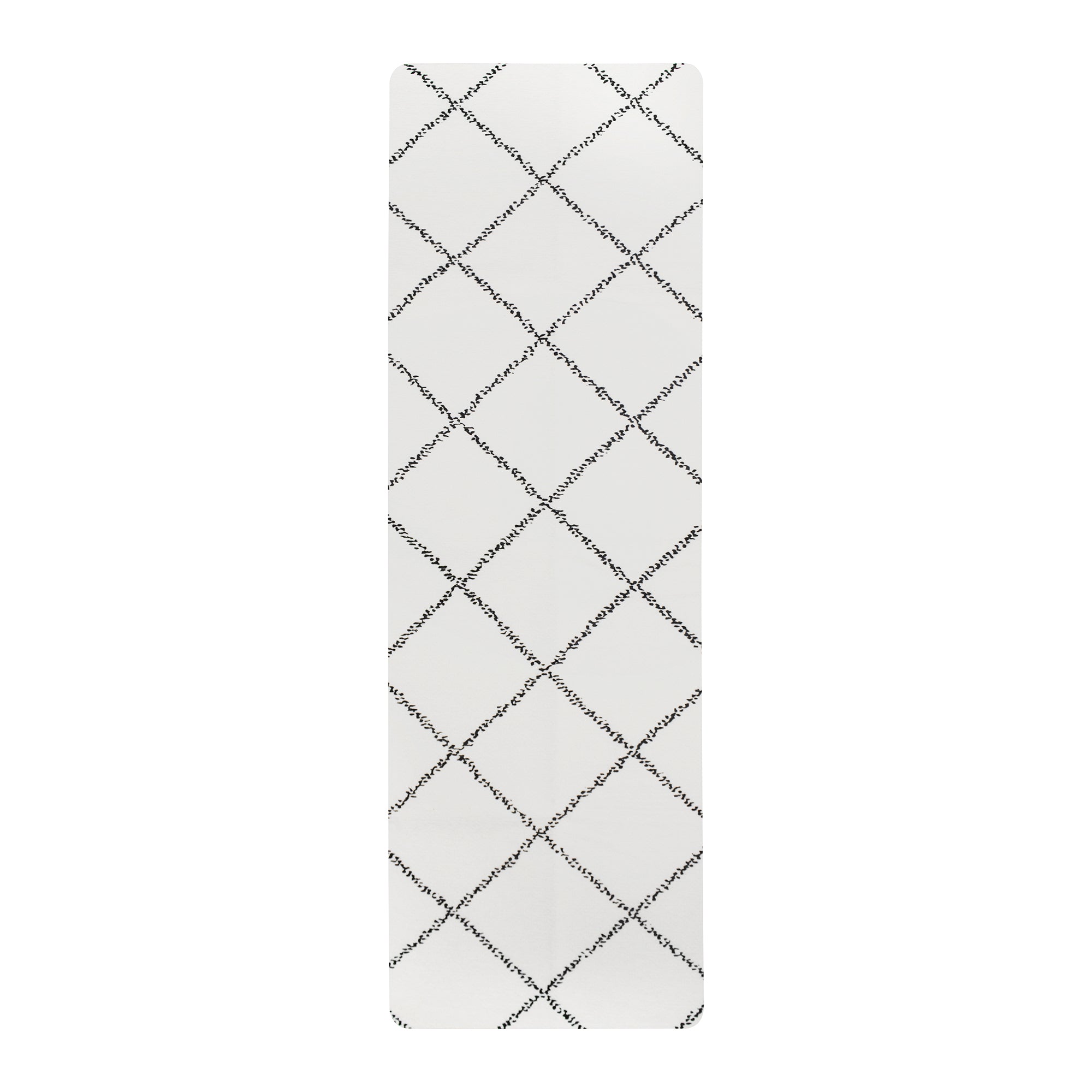 Ivory Moroccan diamond yoga mat with white geometric pattern shown rolled and flat