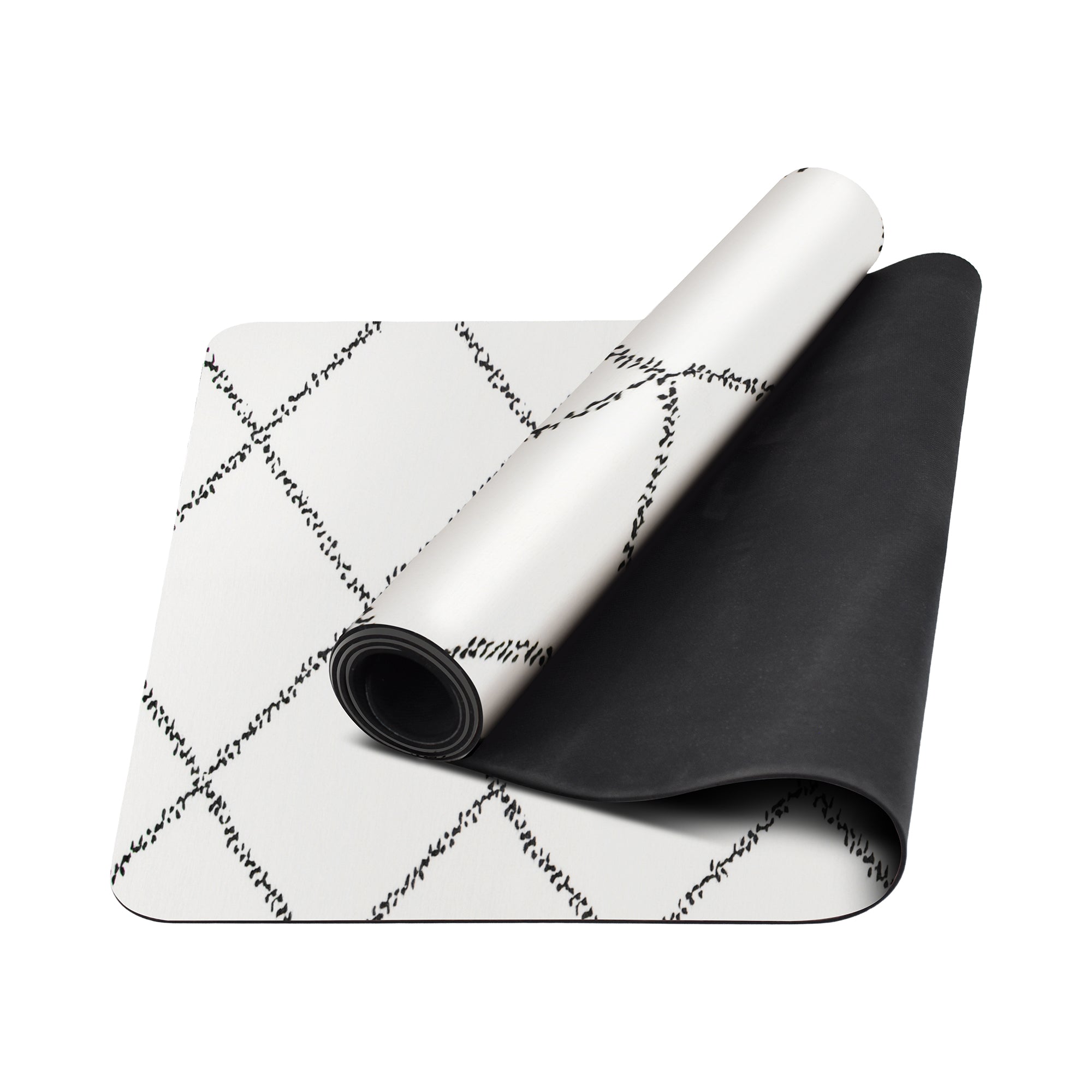 Ivory Moroccan diamond yoga mat with white geometric pattern shown rolled and flat