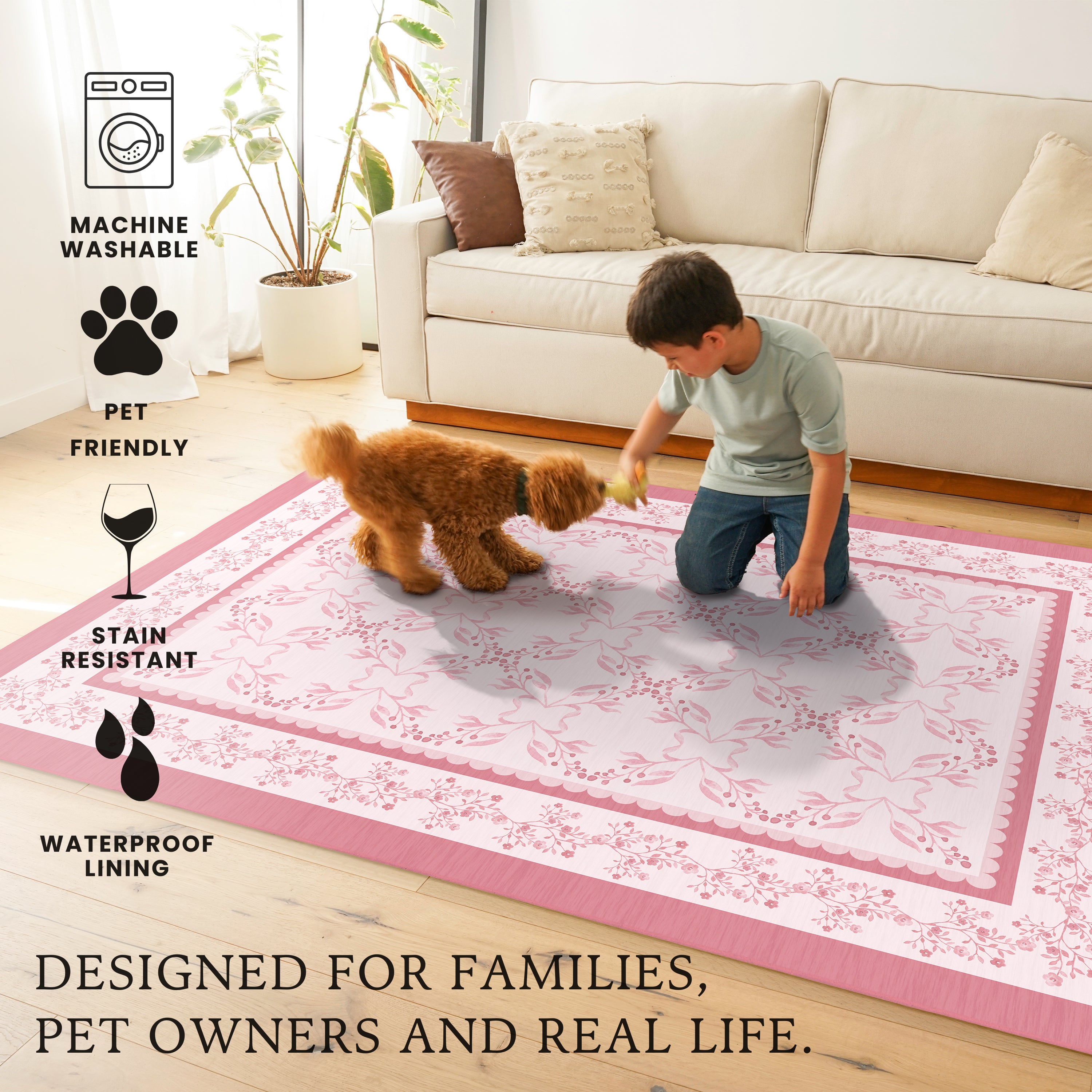 Ellee Bordered Pink Machine Washable Rug