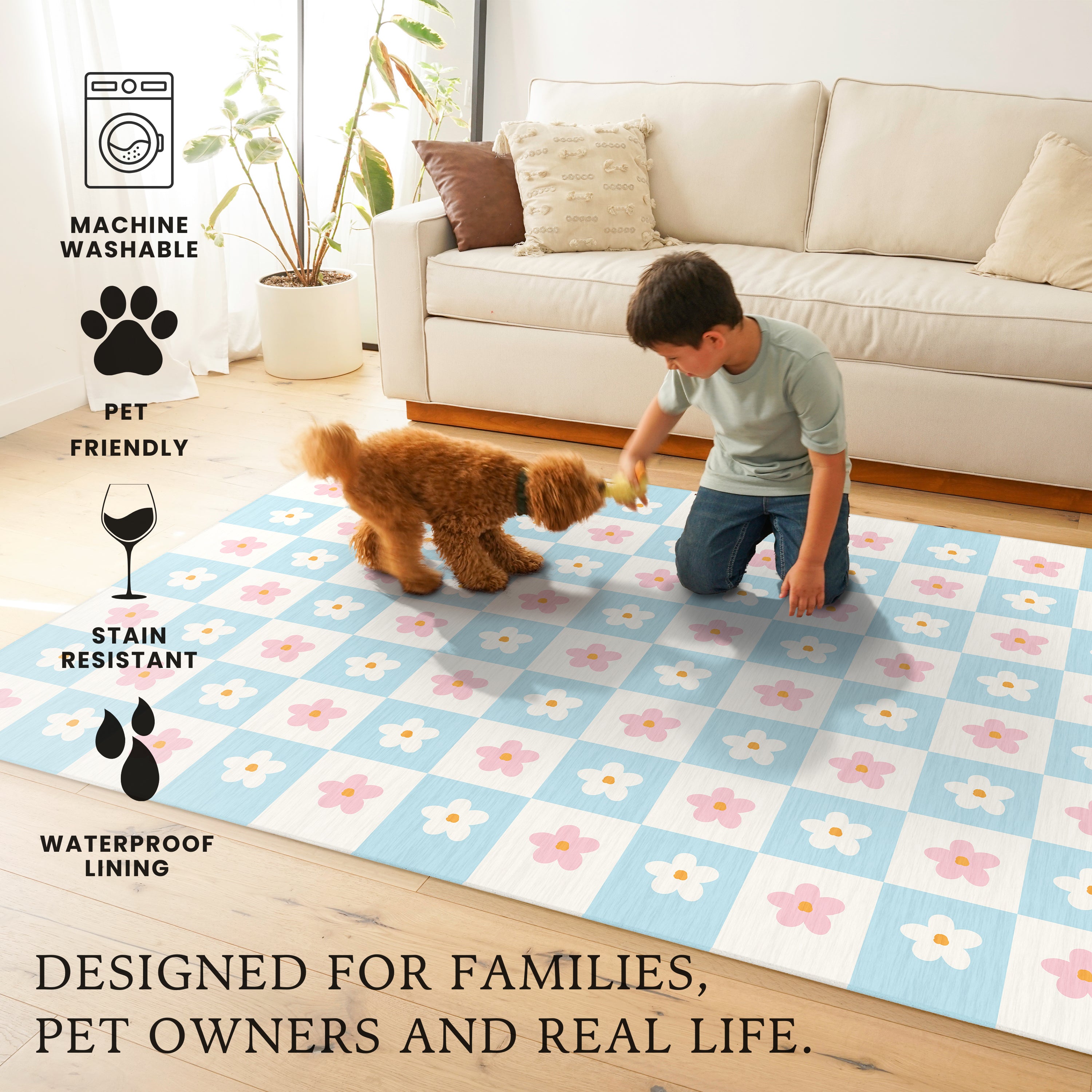 Checkered Daisies Machine Washable Rug