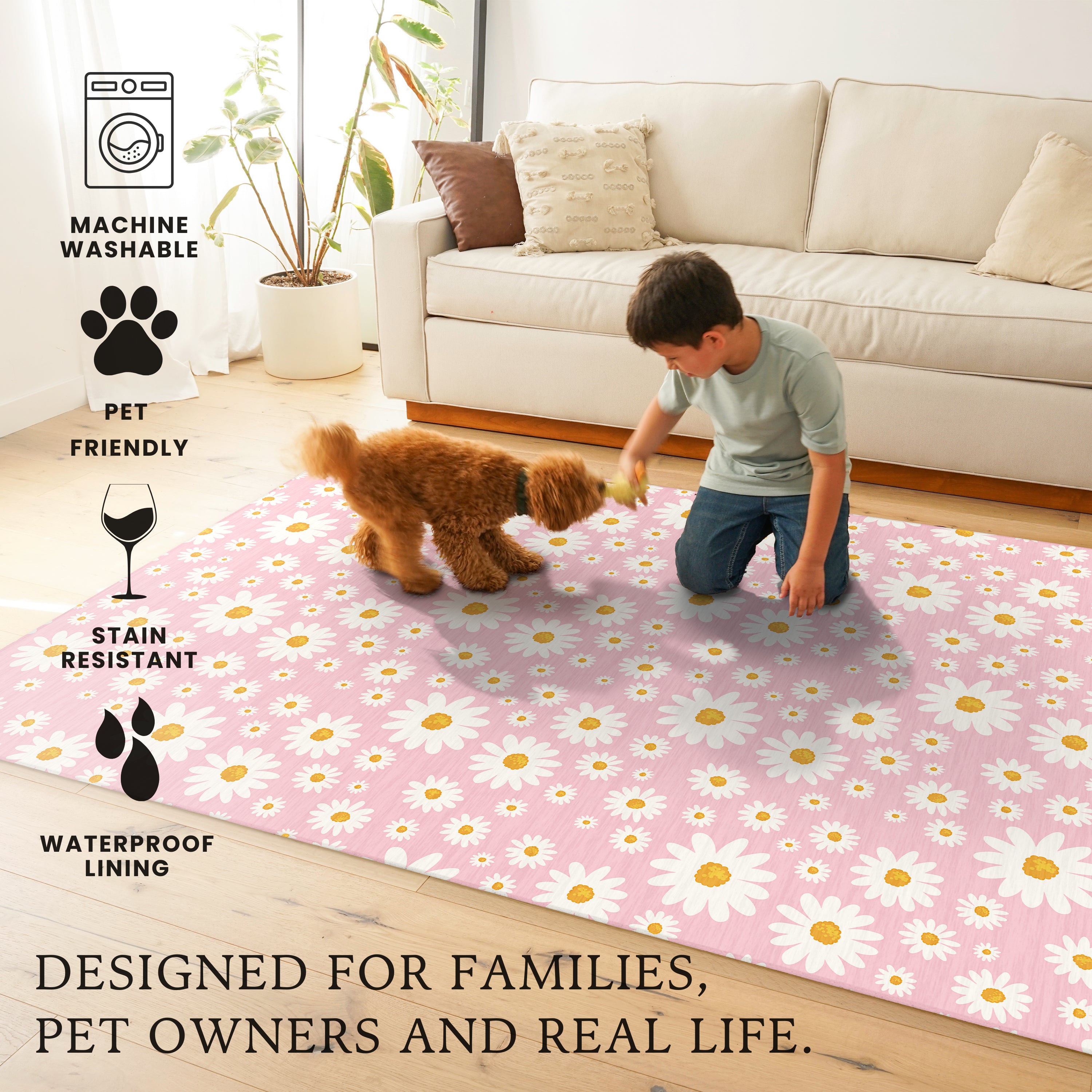 Daisy Meadow Pink Machine Washable Rug
