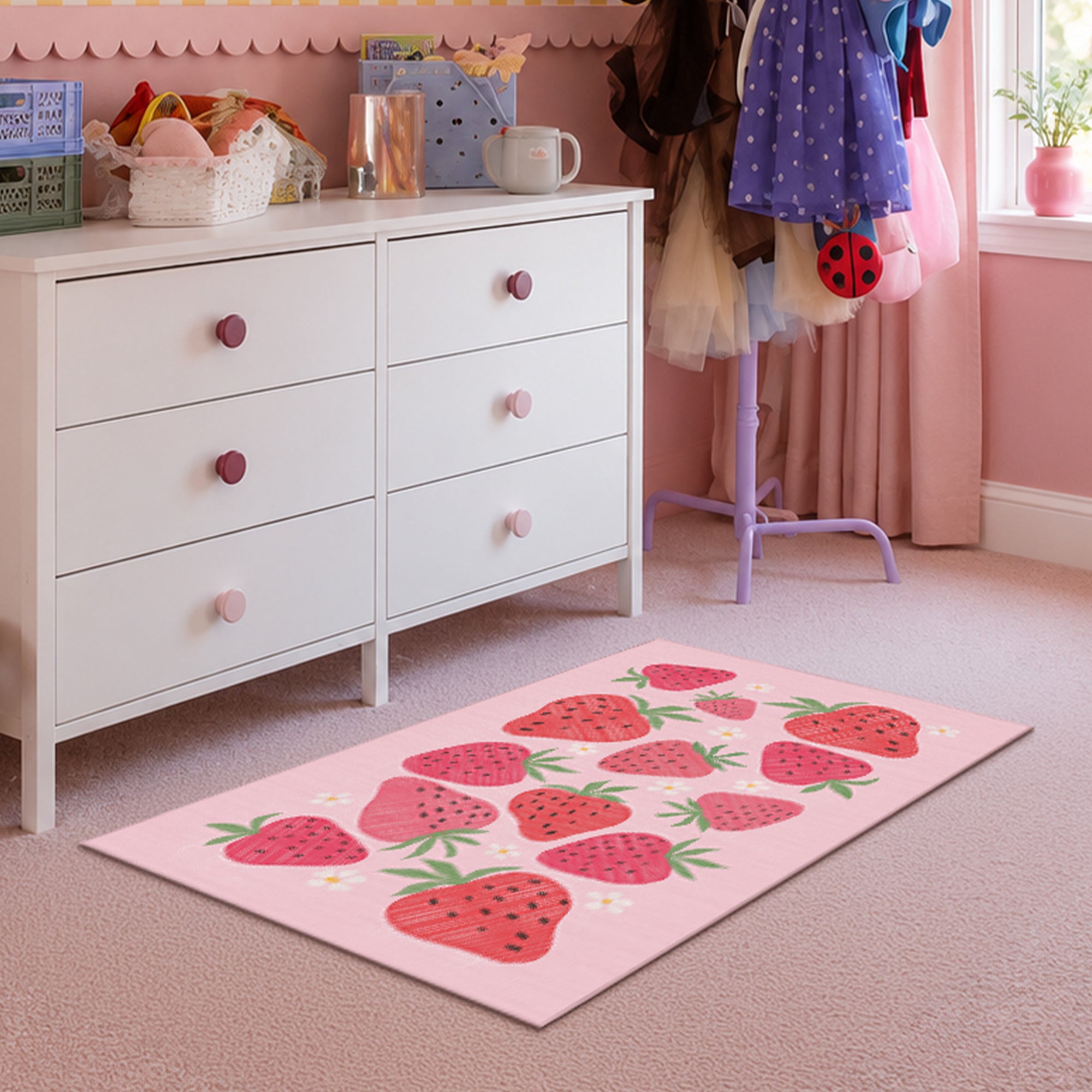 Strawberries and Daisies Machine Washable Rug