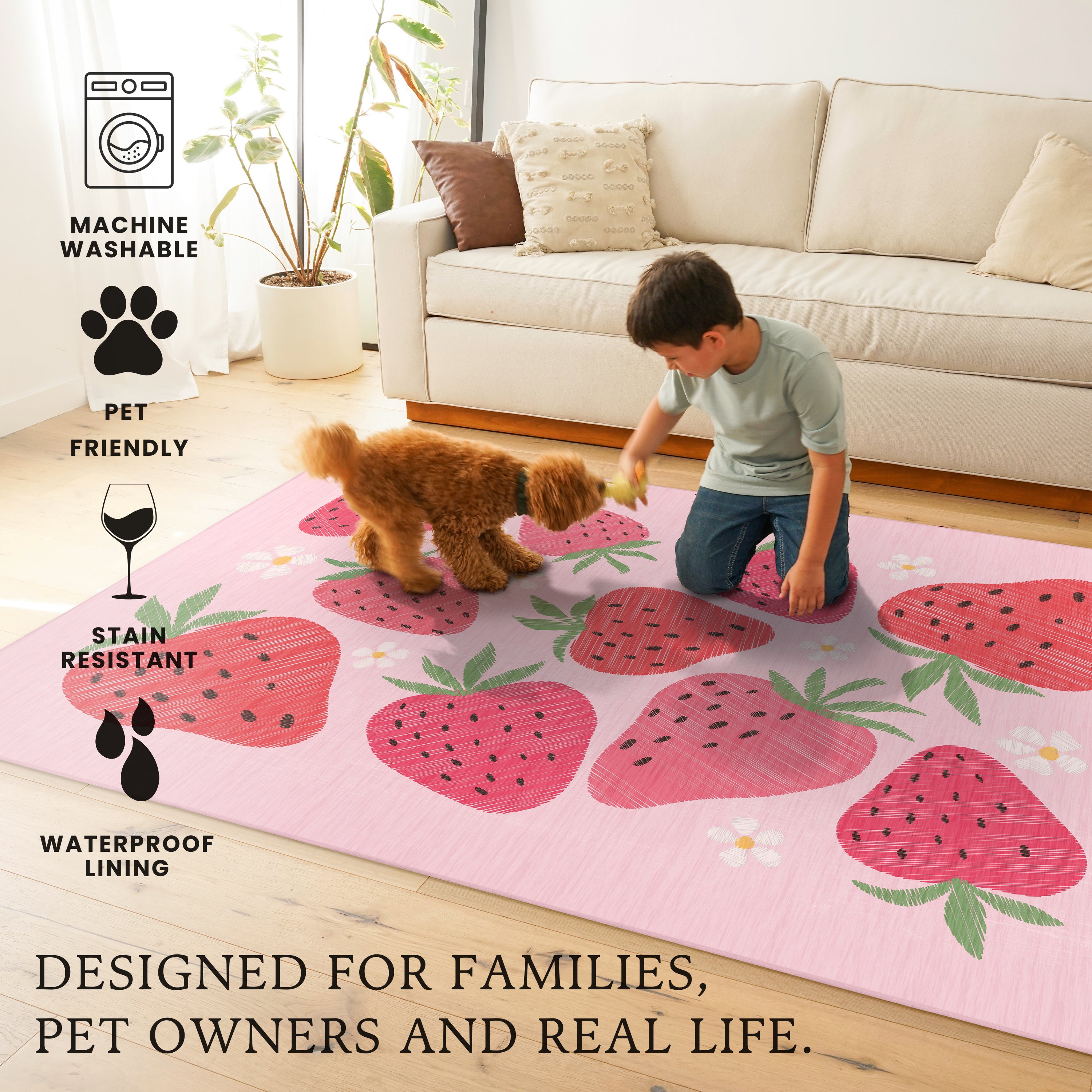 Strawberries and Daisies Machine Washable Rug