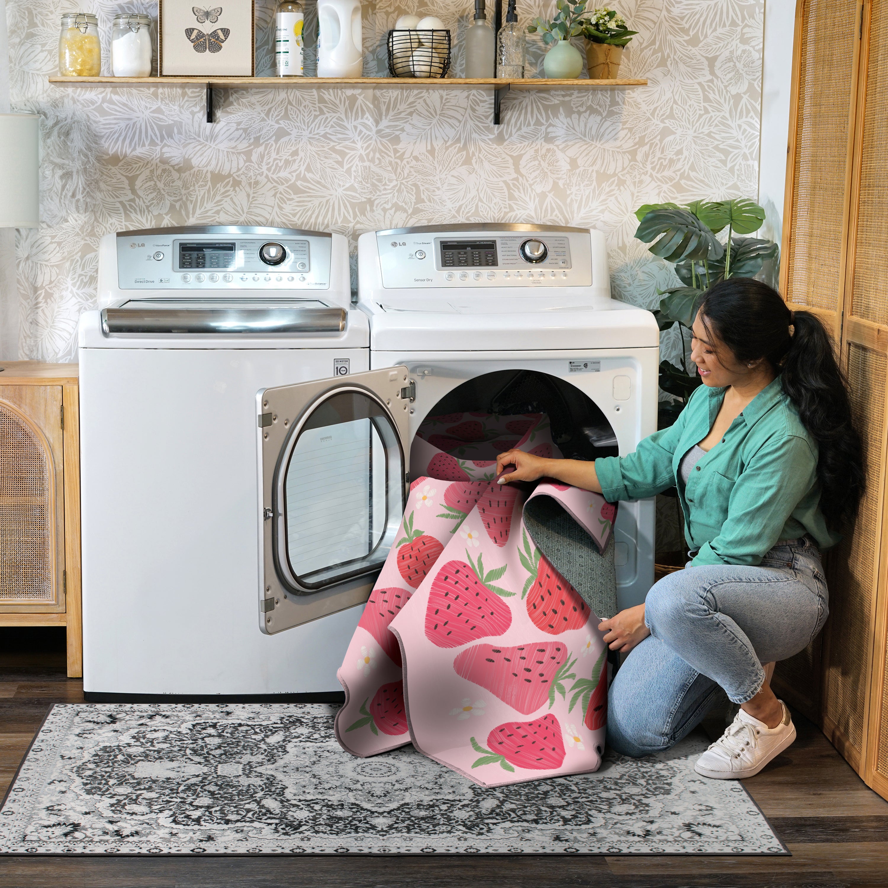 Strawberries and Daisies Machine Washable Rug