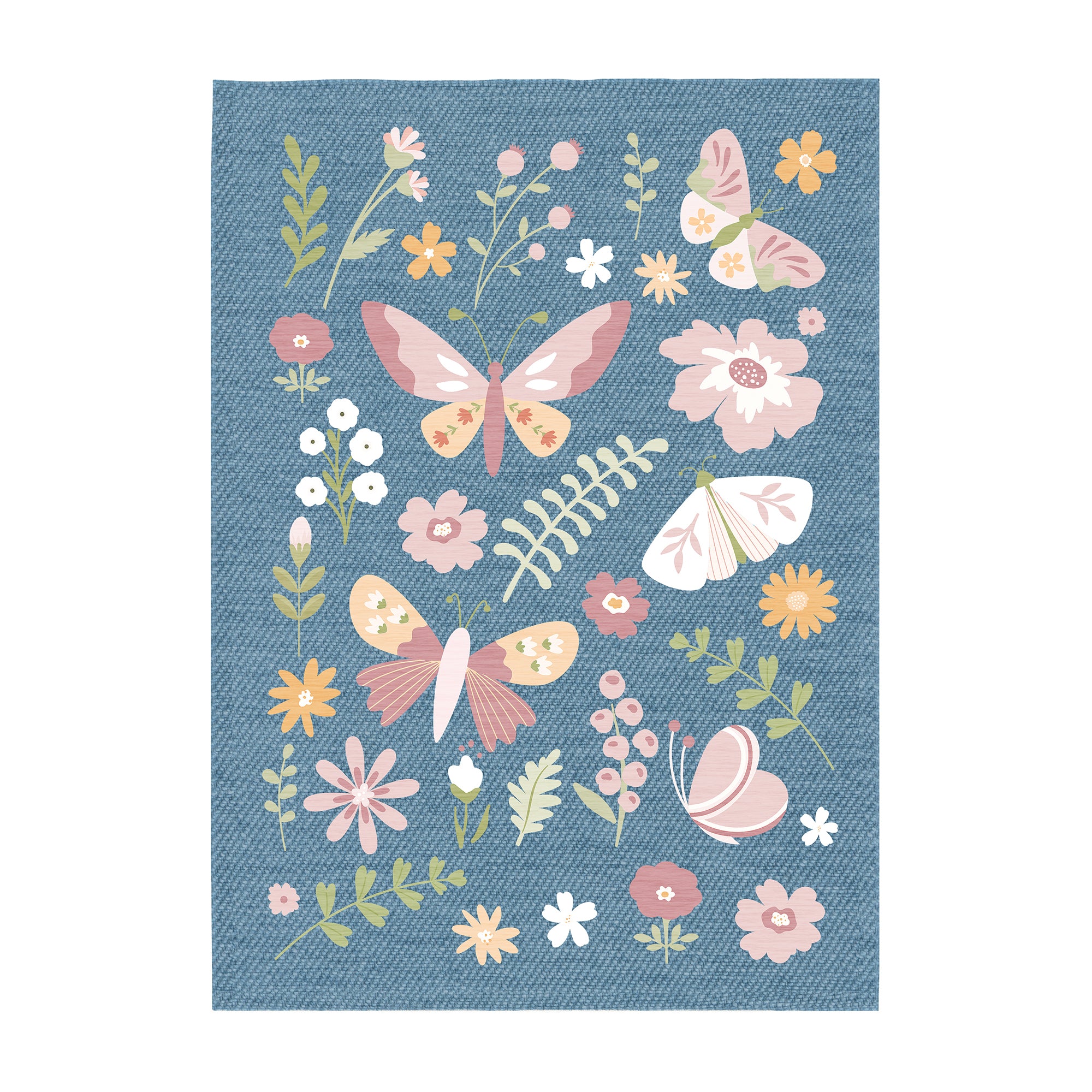 butterflies flowers denim Machine Washable Rug