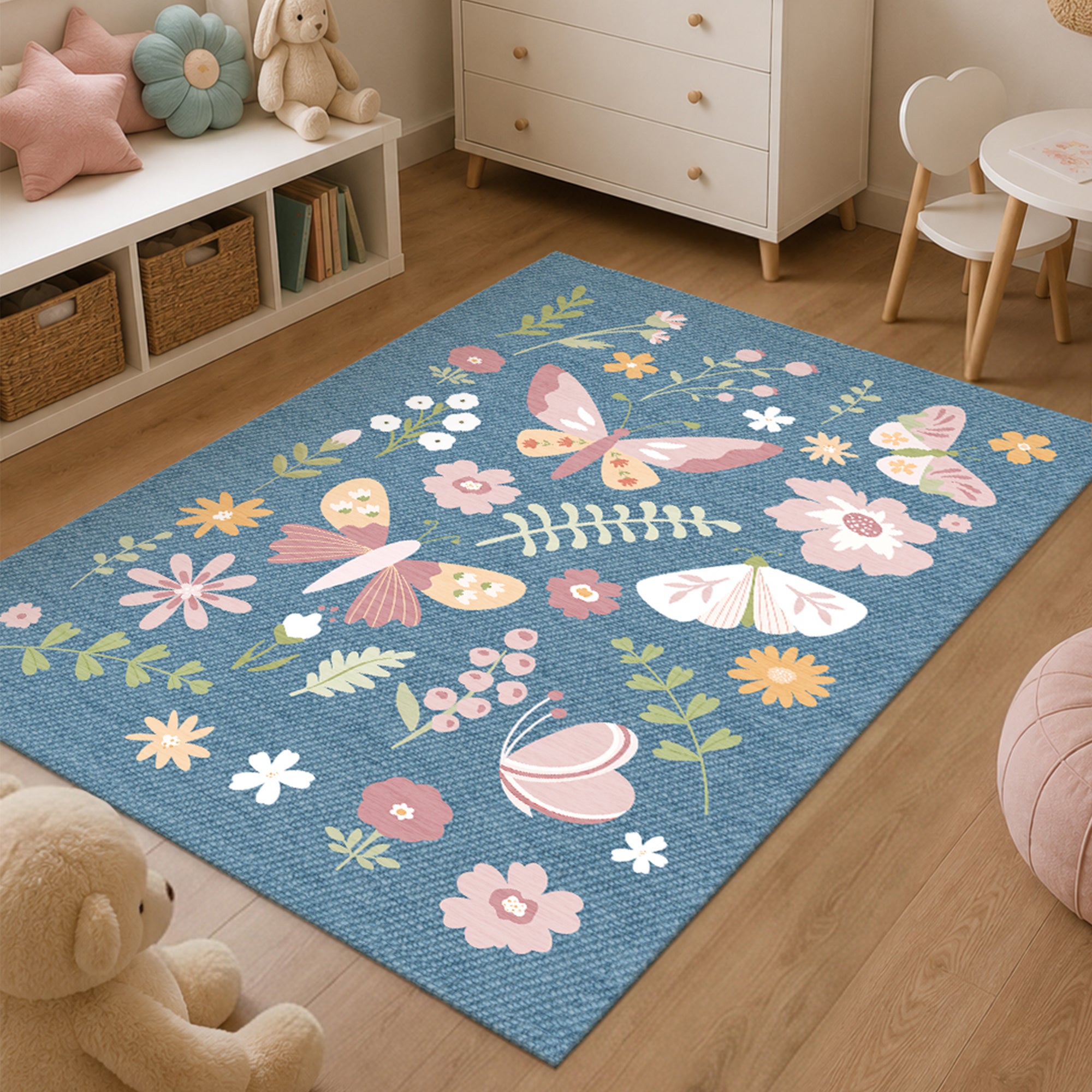 butterflies flowers denim Machine Washable Rug