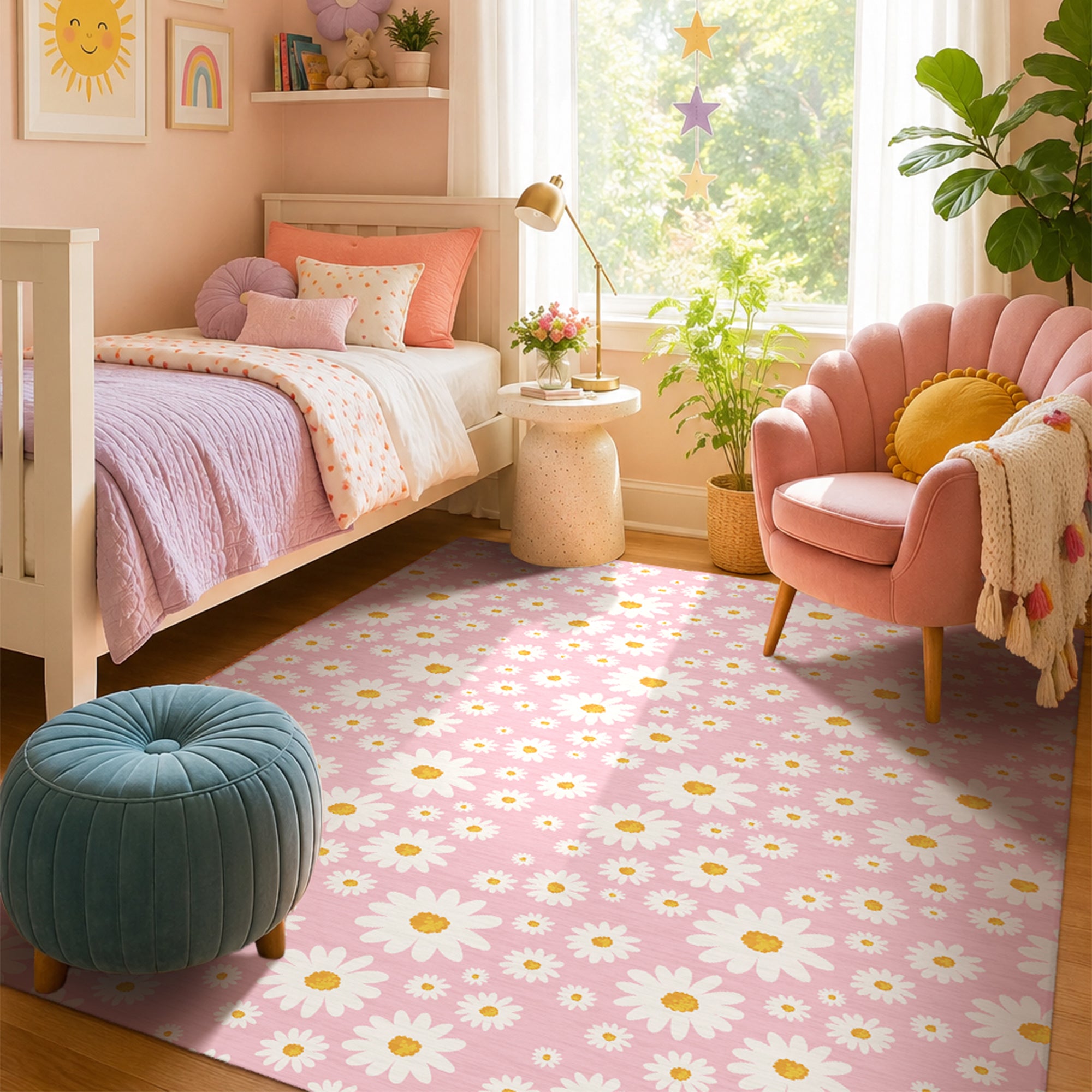 Daisy Meadow Pink Machine Washable Rug