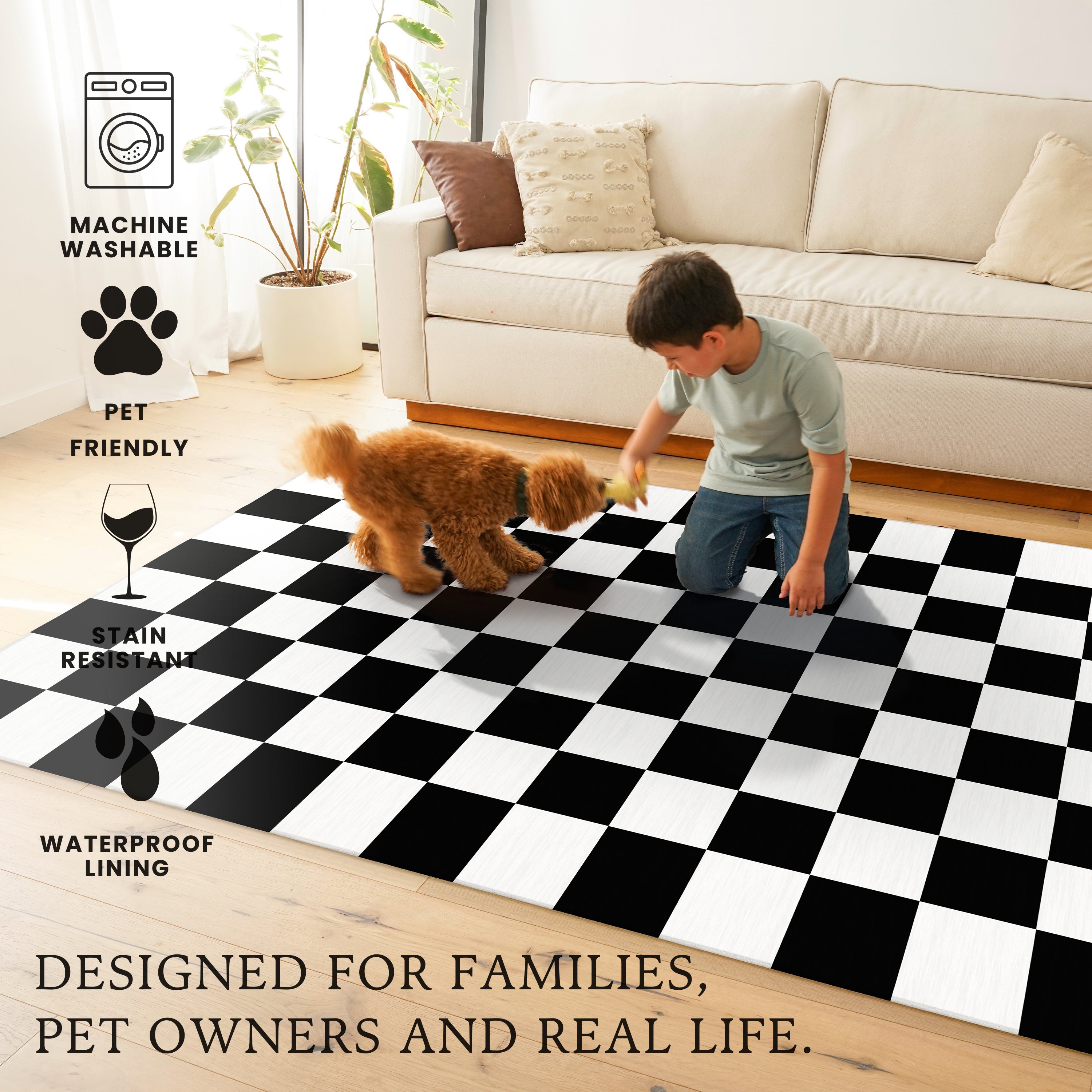Checkered Black White Machine Washable Rug