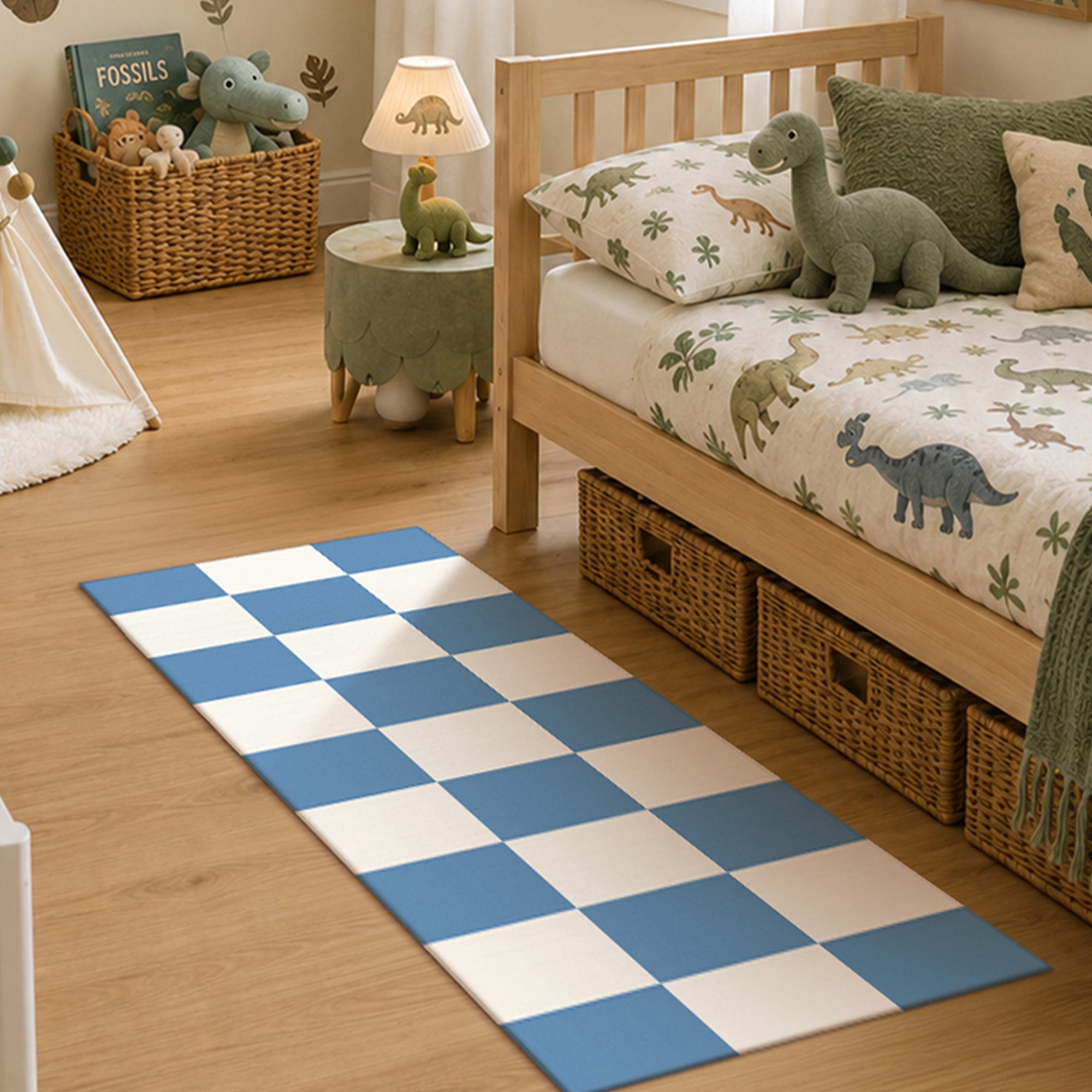 Checkered Blue White Machine Washable Rug