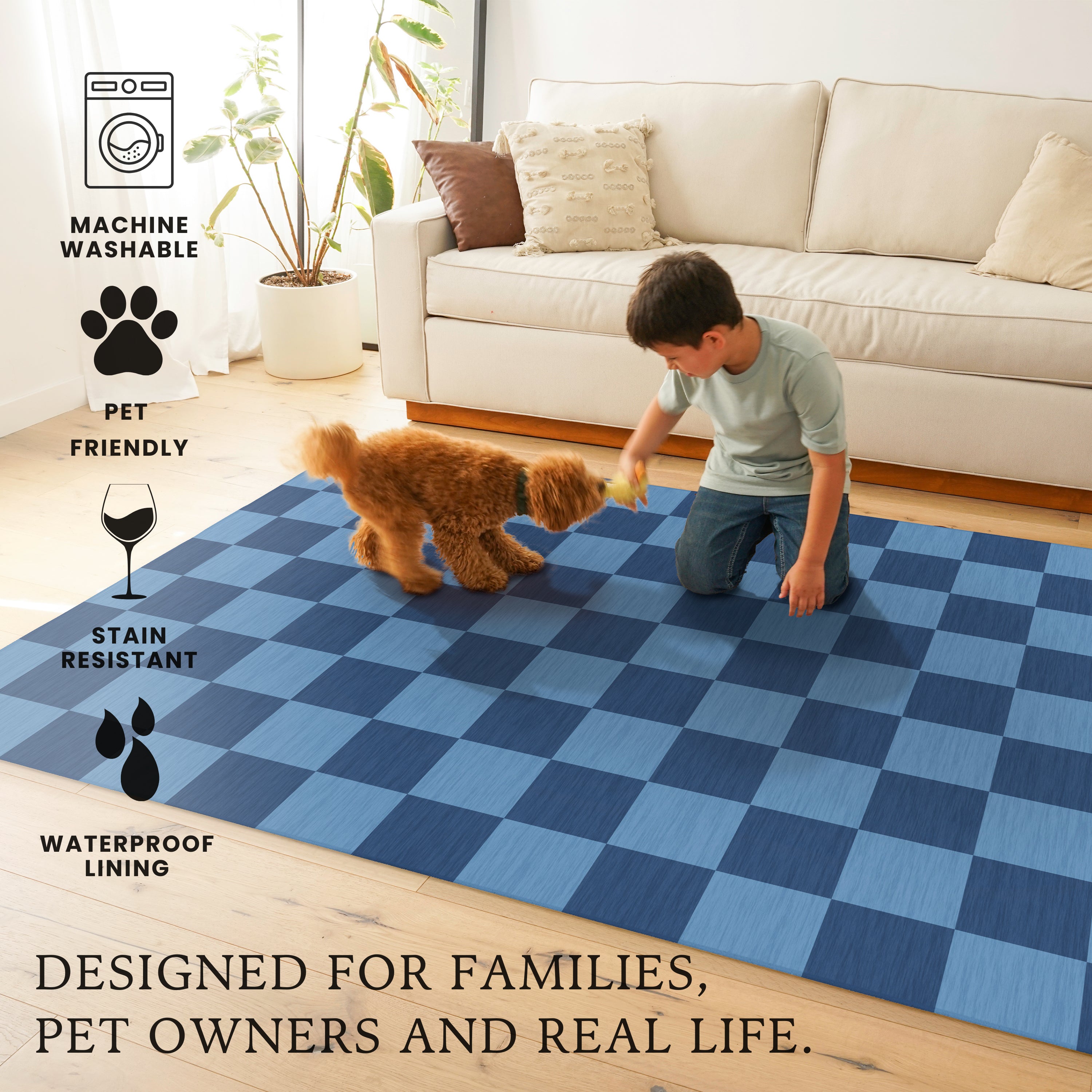 Checkered Blue Machine Washable Rug